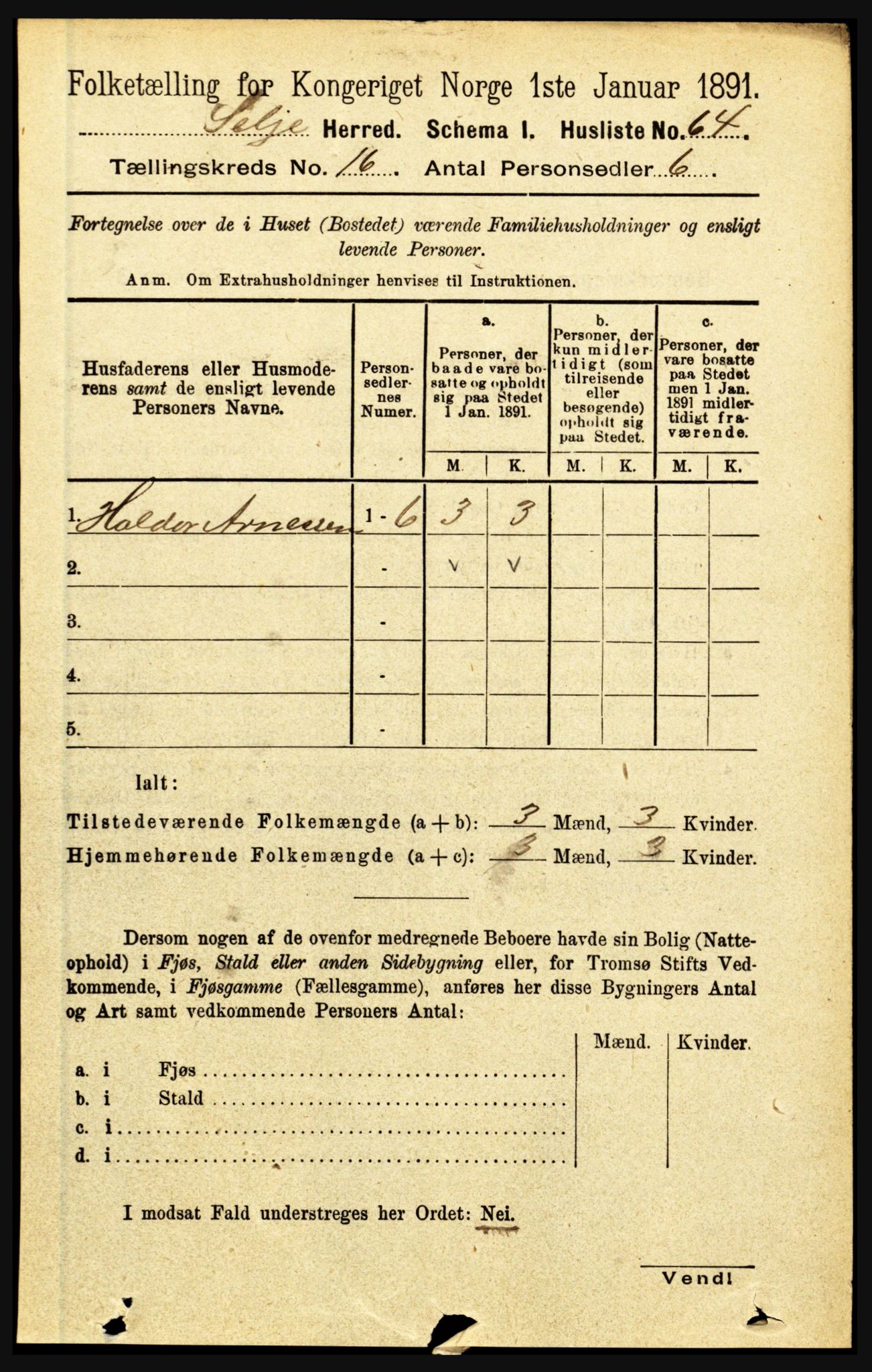RA, 1891 census for 1441 Selje, 1891, p. 5050