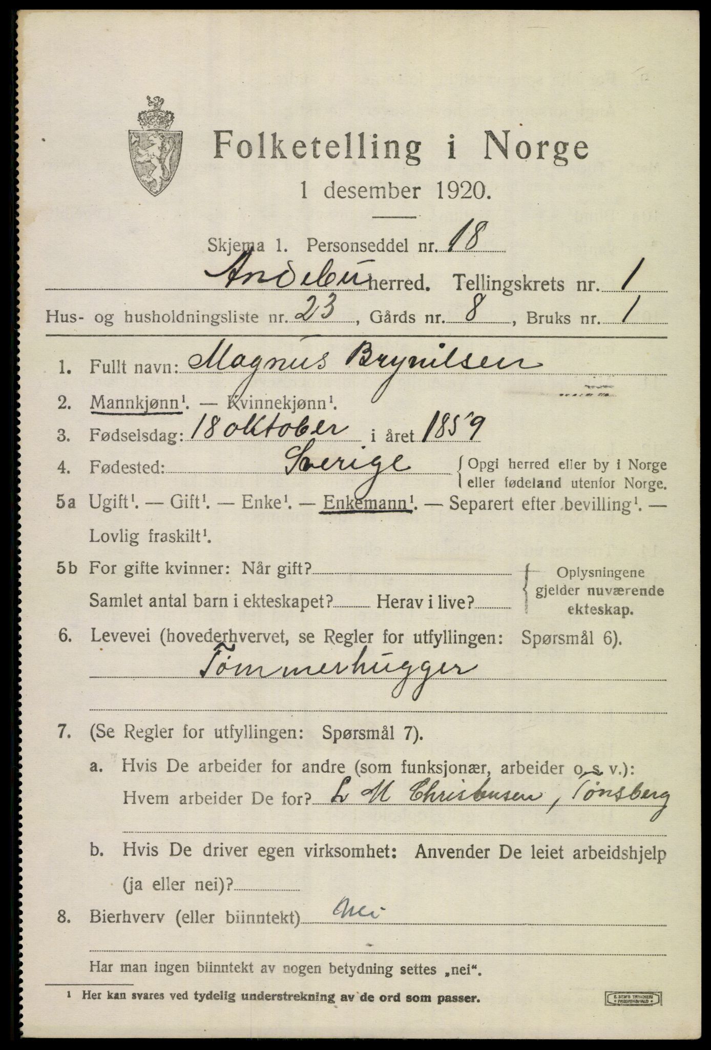 SAKO, 1920 census for Andebu, 1920, p. 1484