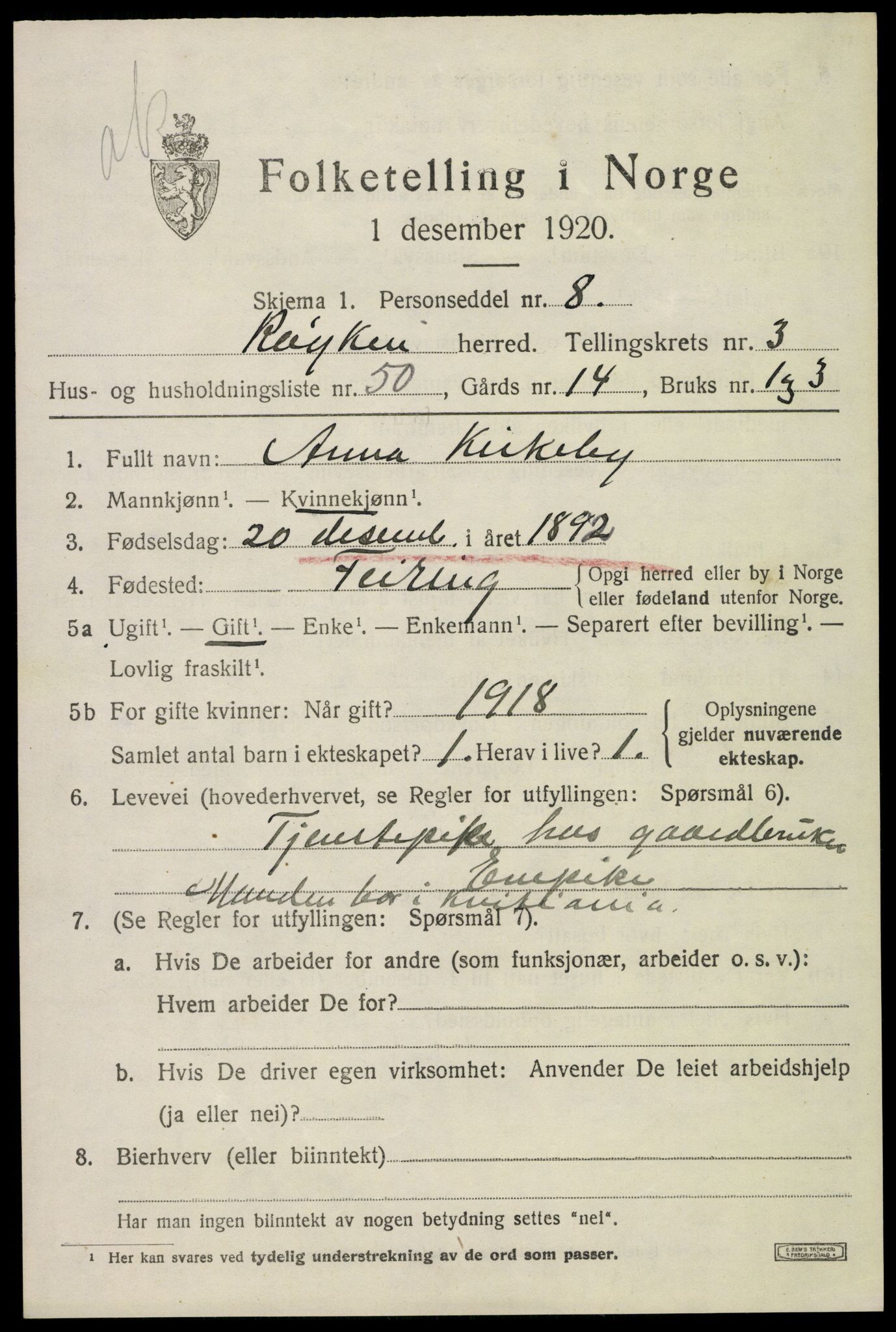 SAKO, 1920 census for Røyken, 1920, p. 4762