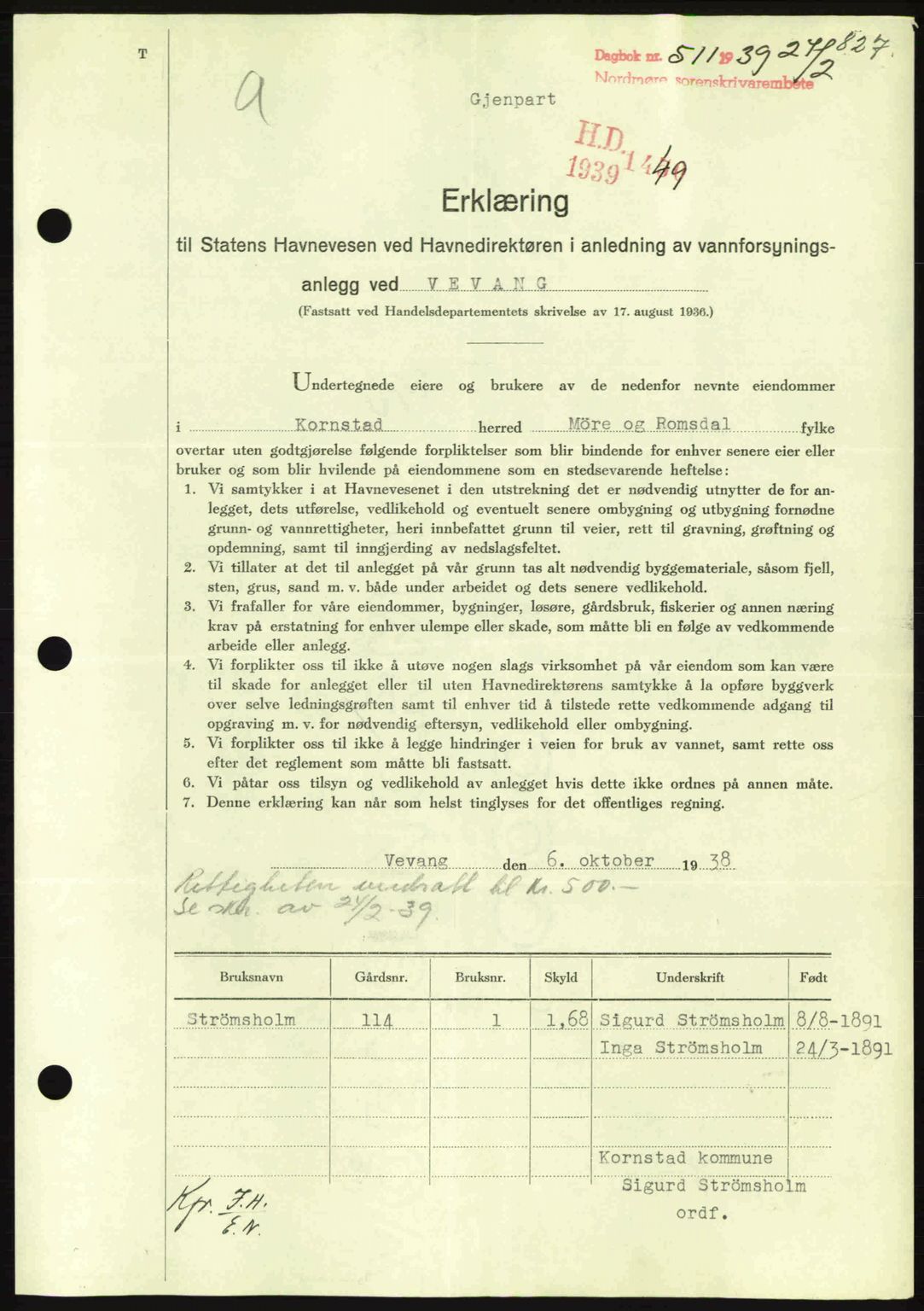 Nordmøre sorenskriveri, AV/SAT-A-4132/1/2/2Ca: Mortgage book no. B84, 1938-1939, Diary no: : 511/1939