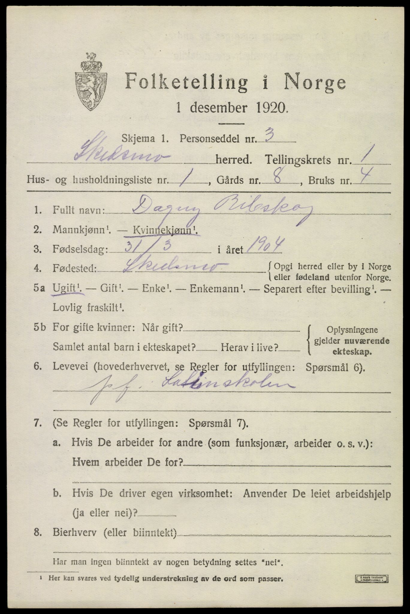 SAO, 1920 census for Skedsmo, 1920, p. 1497