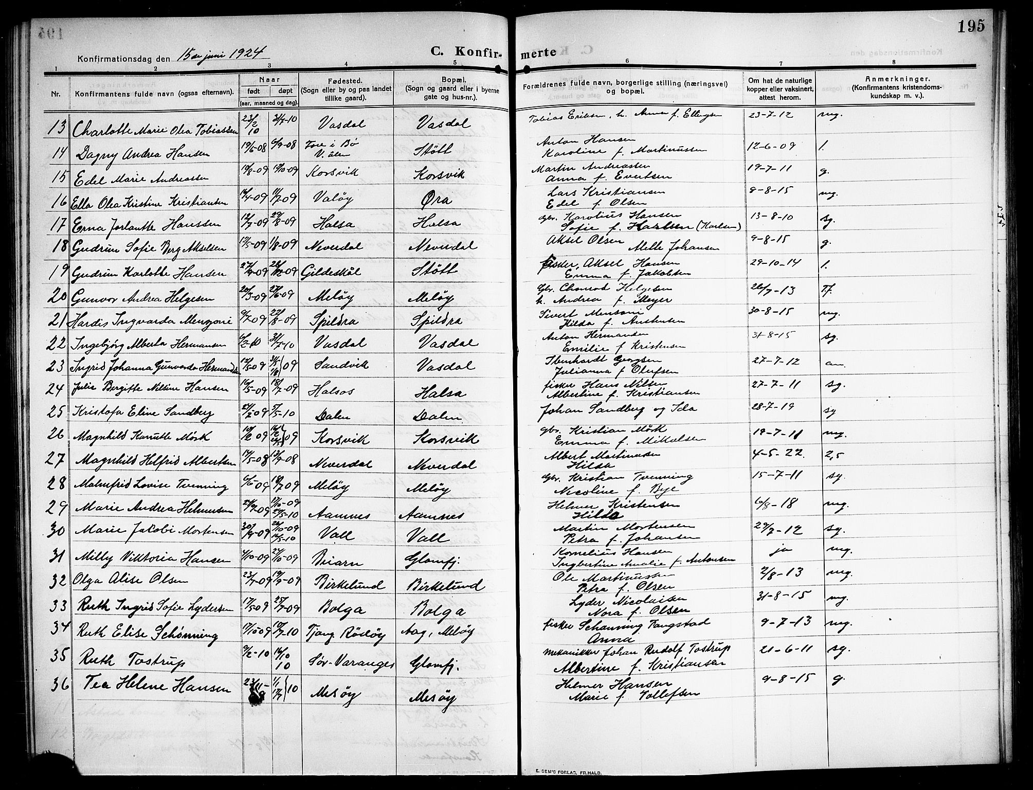 Ministerialprotokoller, klokkerbøker og fødselsregistre - Nordland, SAT/A-1459/843/L0639: Parish register (copy) no. 843C08, 1908-1924, p. 195