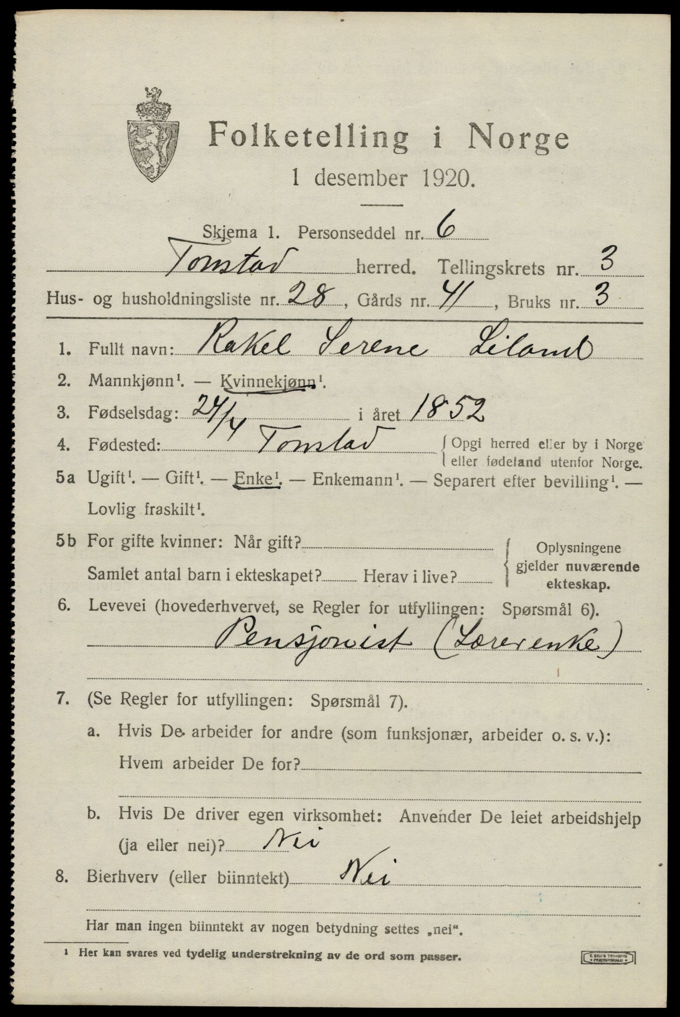 SAK, 1920 census for Tonstad, 1920, p. 1282