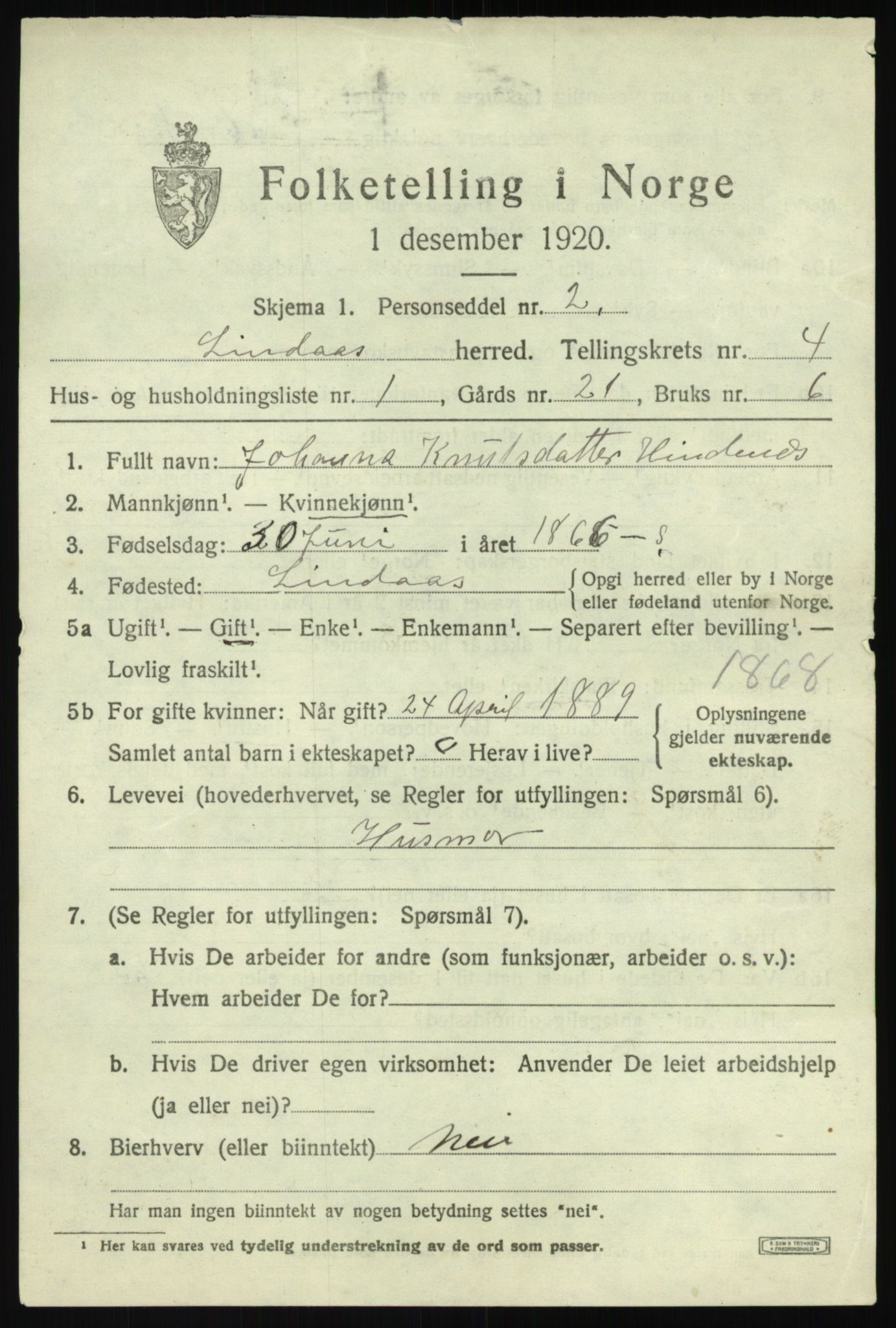 SAB, 1920 census for Lindås, 1920, p. 2597