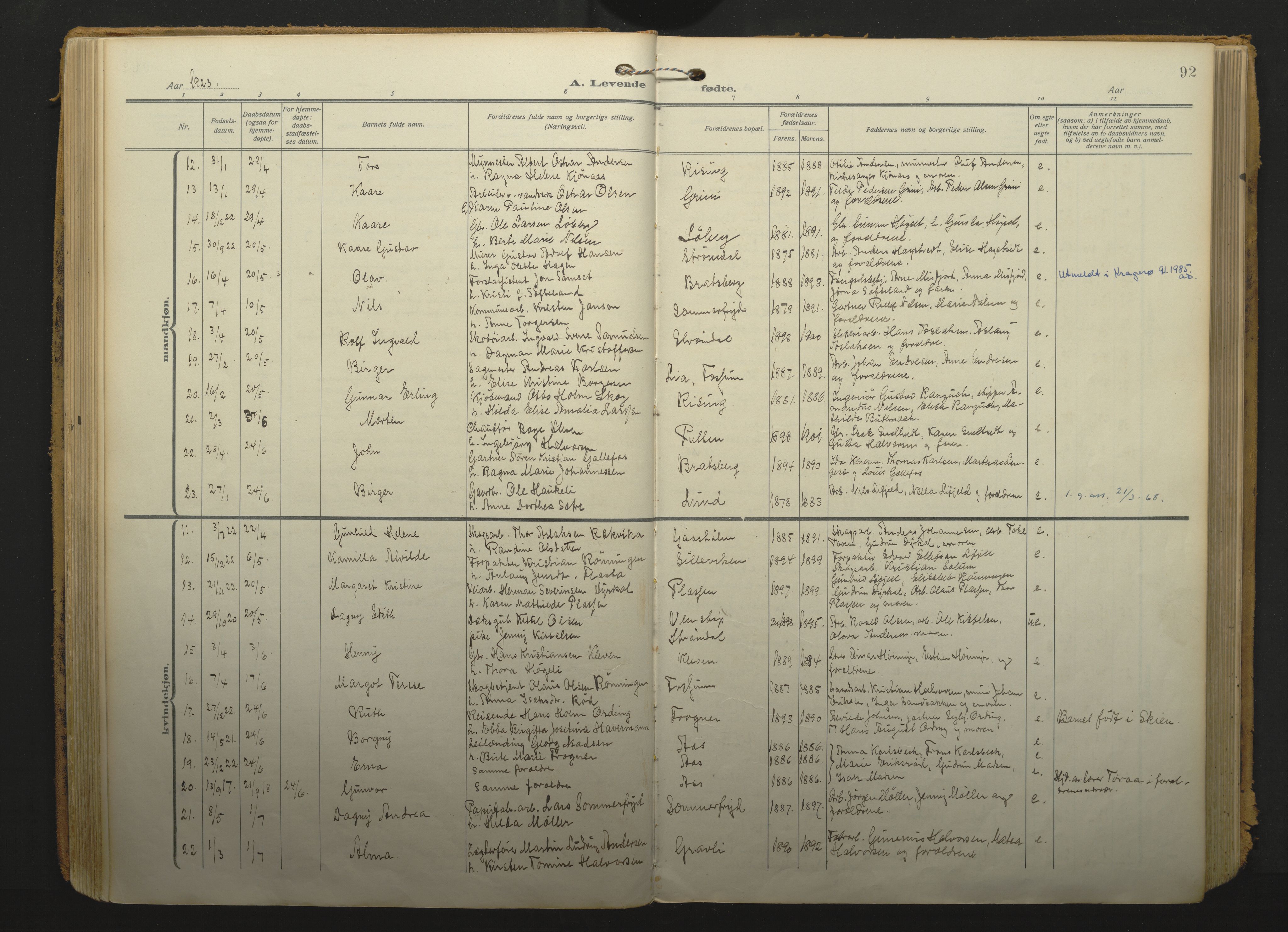 Gjerpen kirkebøker, SAKO/A-265/F/Fa/L0013: Parish register (official) no. I 13, 1914-1924, p. 92