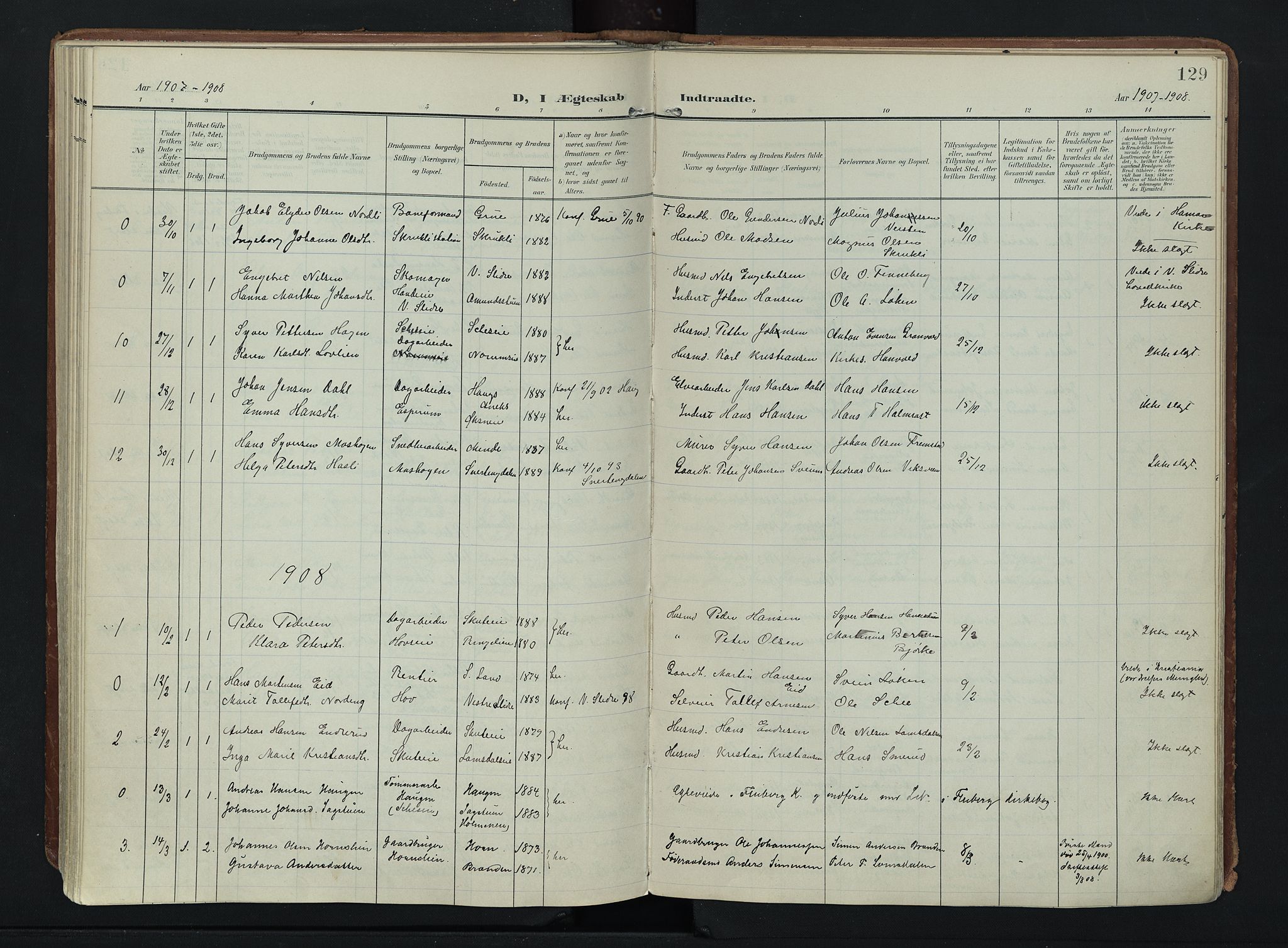 Søndre Land prestekontor, SAH/PREST-122/K/L0007: Parish register (official) no. 7, 1905-1914, p. 129