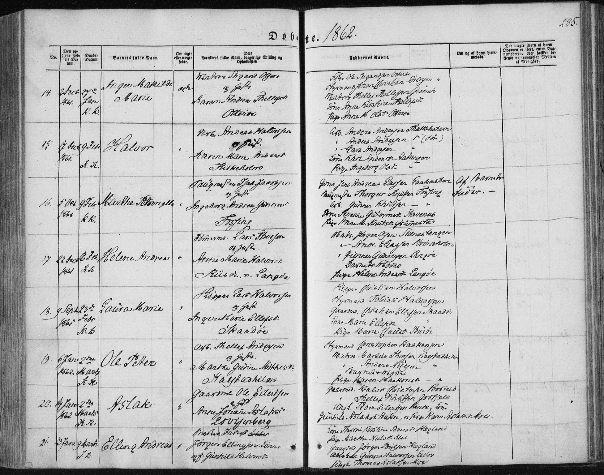 Sannidal kirkebøker, SAKO/A-296/F/Fa/L0008: Parish register (official) no. 8, 1847-1862, p. 285