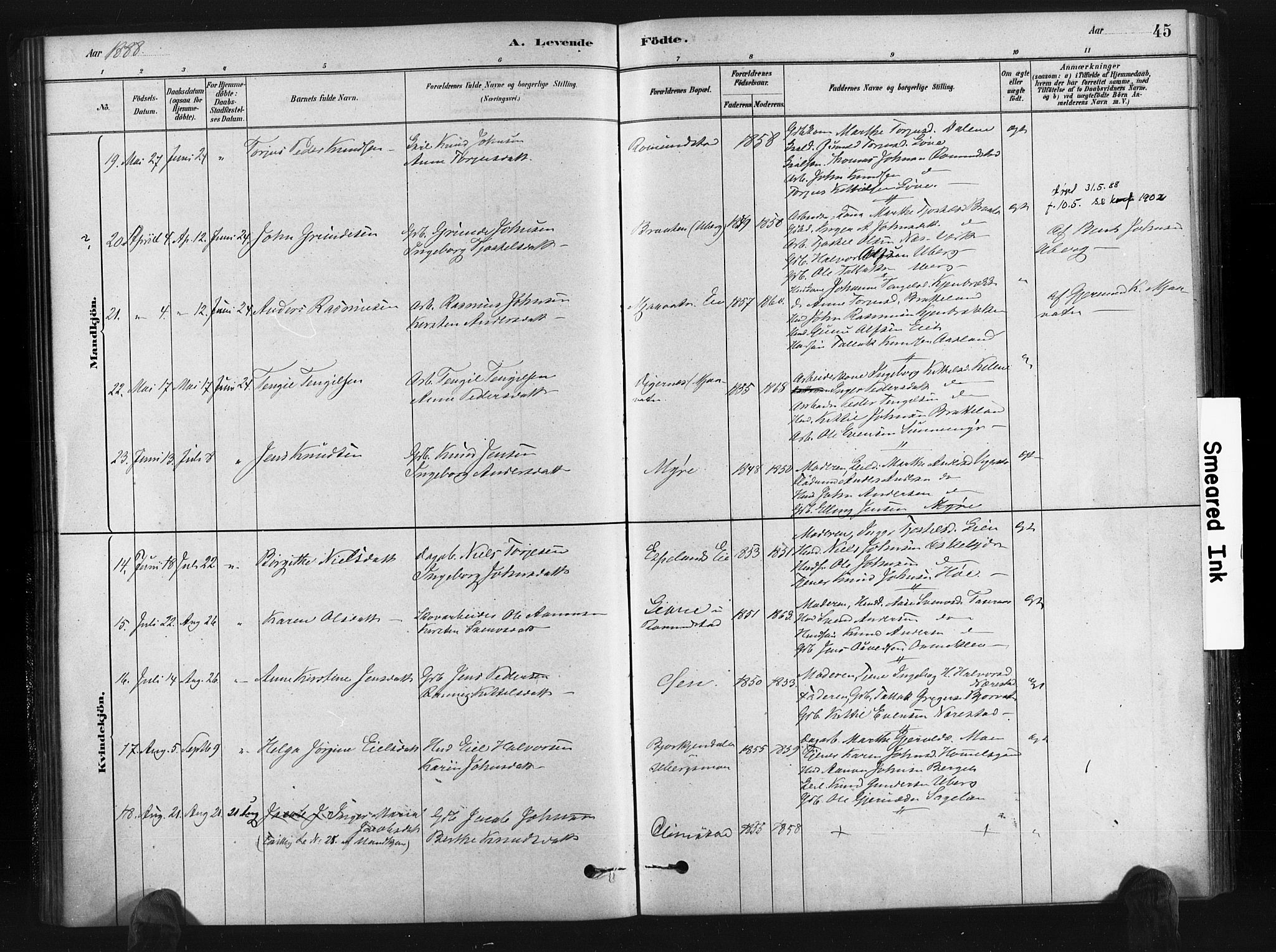 Gjerstad sokneprestkontor, AV/SAK-1111-0014/F/Fa/Fab/L0004: Parish register (official) no. A 4, 1879-1890, p. 45