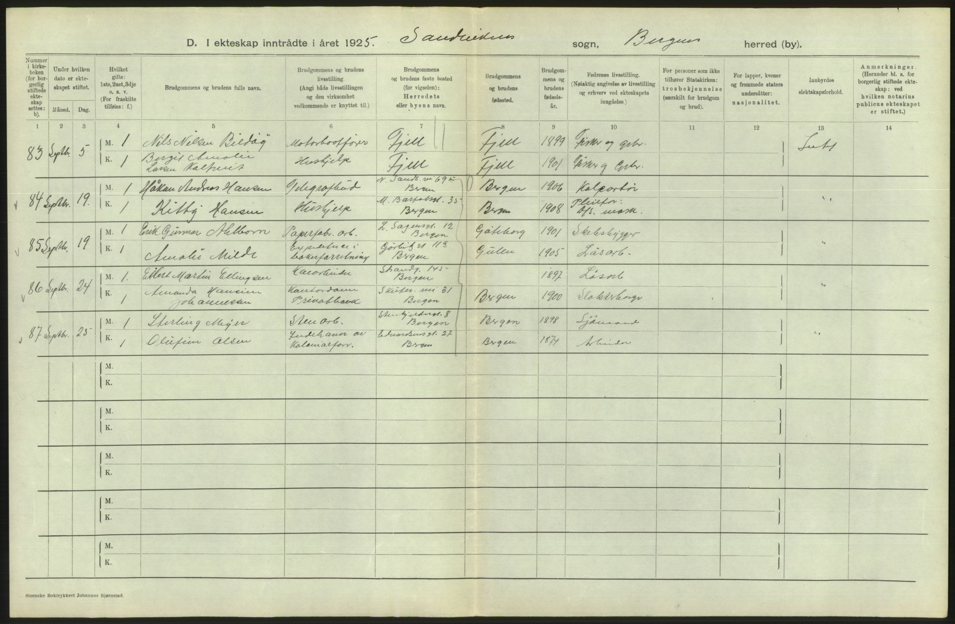 Statistisk sentralbyrå, Sosiodemografiske emner, Befolkning, AV/RA-S-2228/D/Df/Dfc/Dfce/L0029: Bergen: Gifte, døde., 1925, p. 174