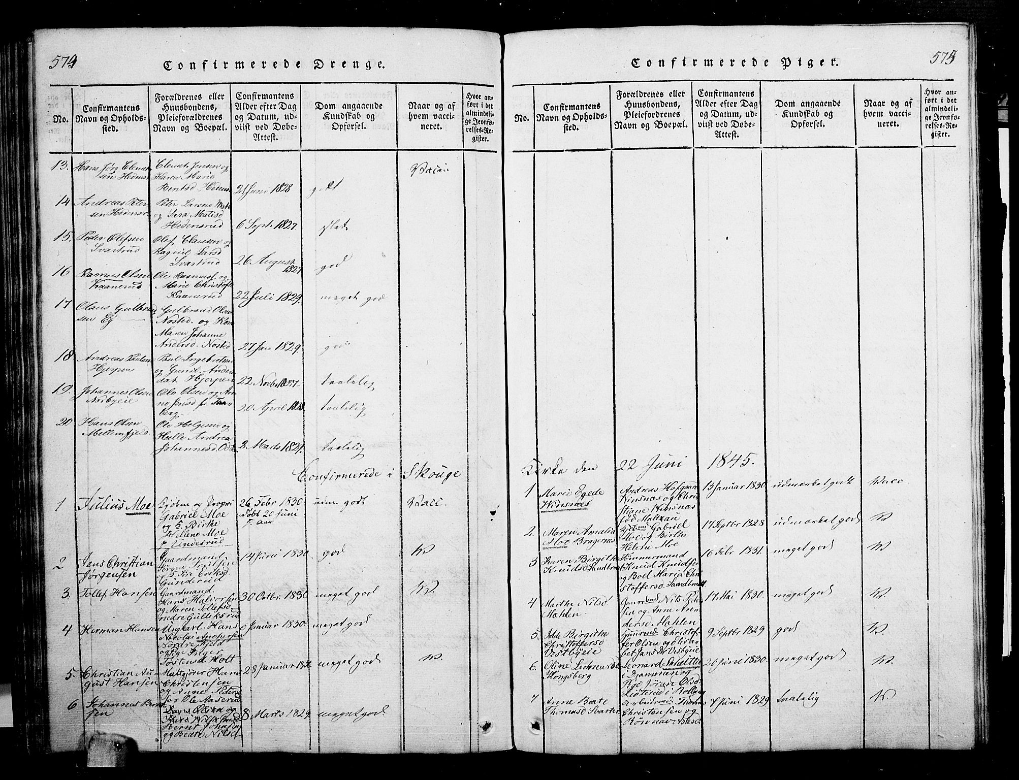 Skoger kirkebøker, AV/SAKO-A-59/G/Ga/L0001: Parish register (copy) no. I 1, 1814-1845, p. 574-575