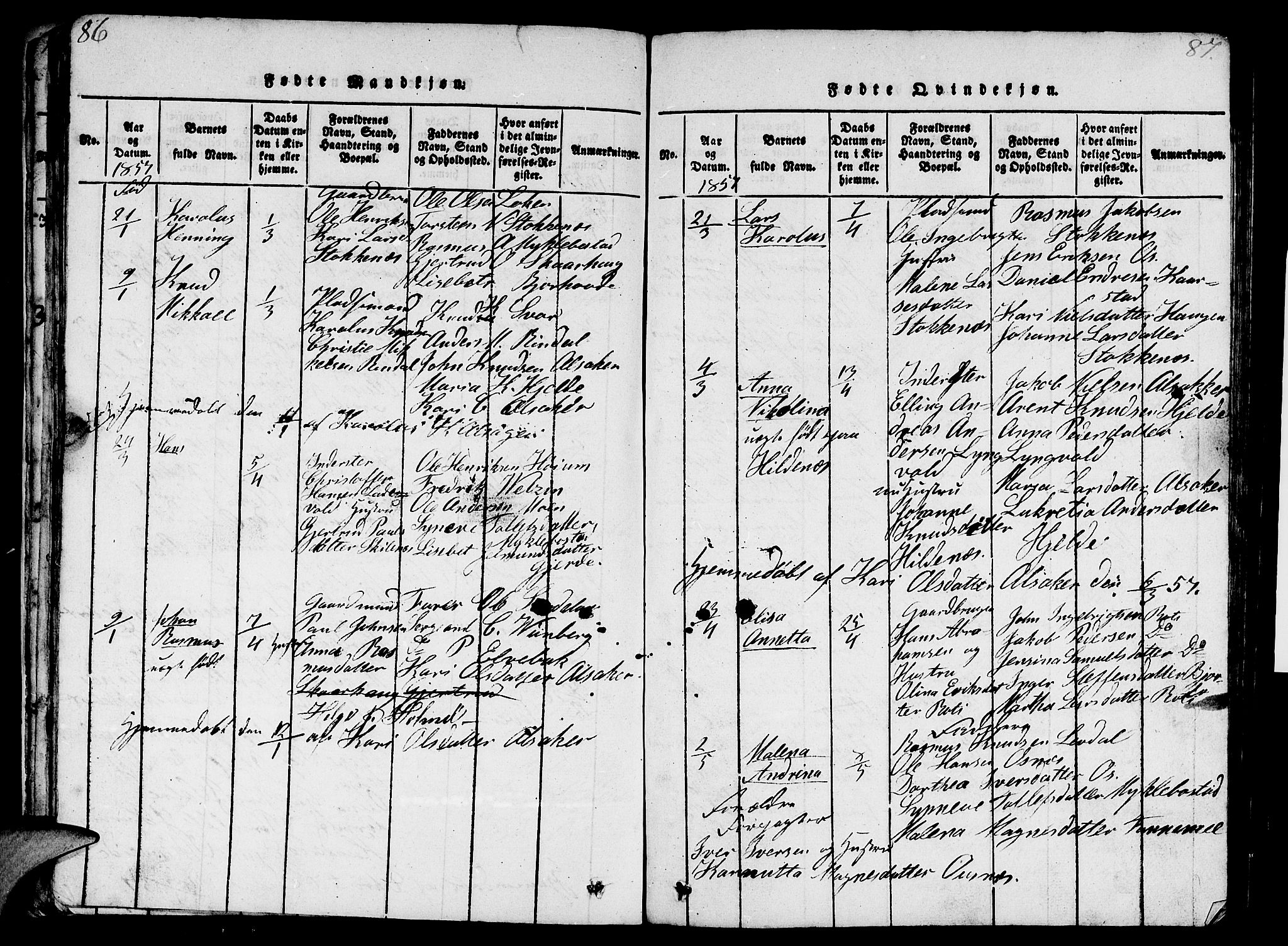 Eid sokneprestembete, AV/SAB-A-82301/H/Hab/Haba/L0001: Parish register (copy) no. A 1, 1816-1862, p. 86-87