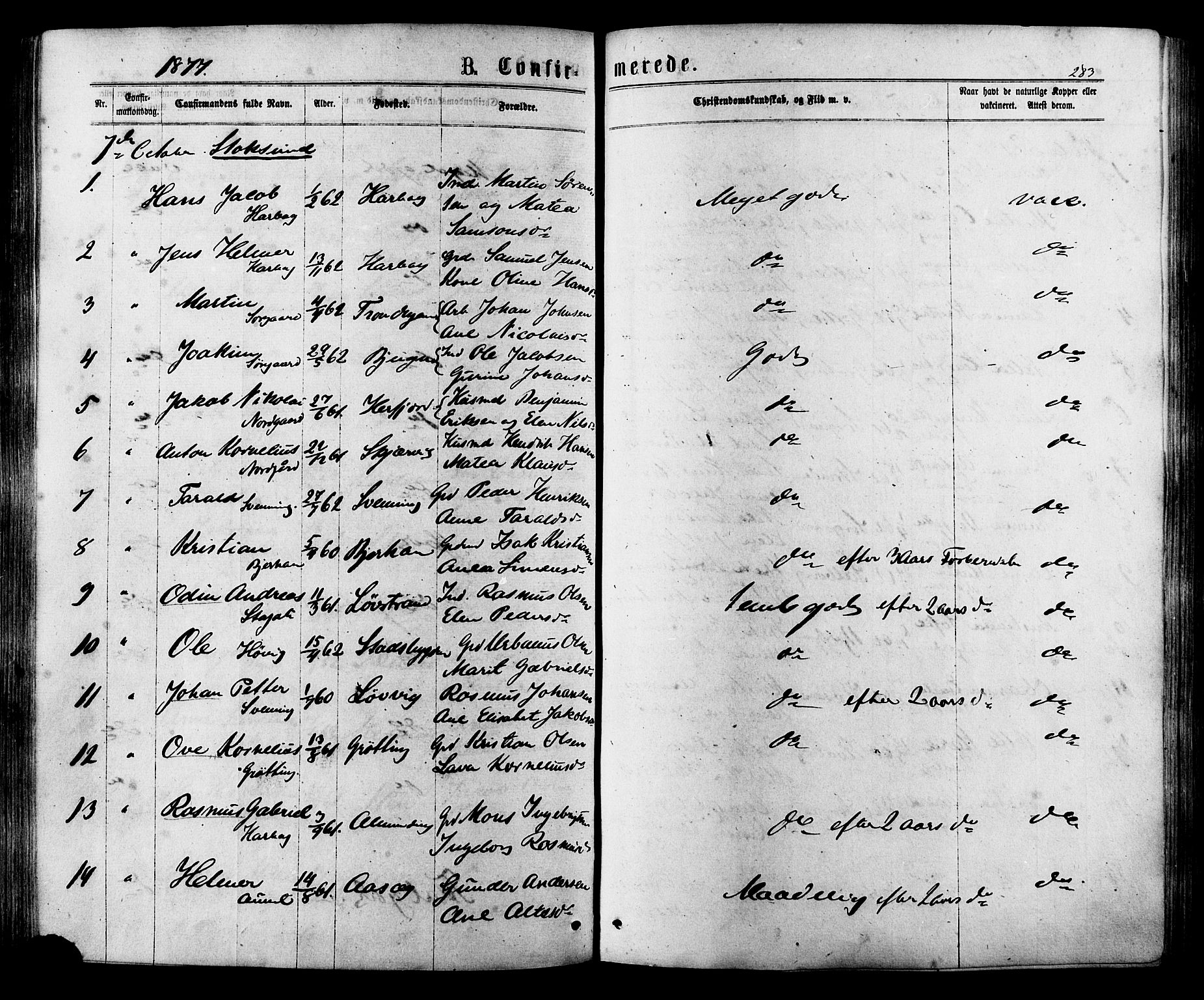 Ministerialprotokoller, klokkerbøker og fødselsregistre - Sør-Trøndelag, AV/SAT-A-1456/657/L0706: Parish register (official) no. 657A07, 1867-1878, p. 283