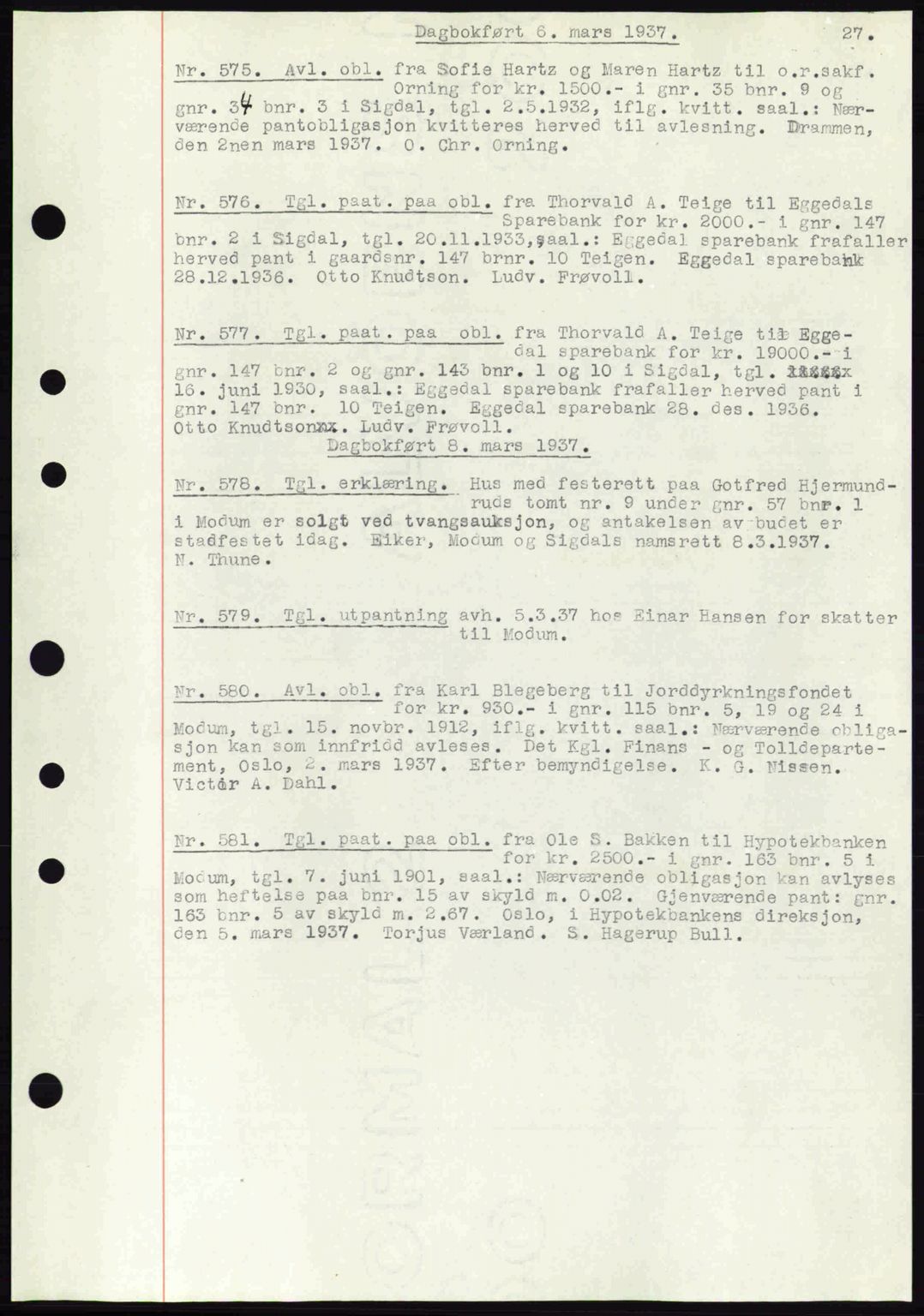 Eiker, Modum og Sigdal sorenskriveri, SAKO/A-123/G/Ga/Gab/L0035: Mortgage book no. A5, 1937-1937, Diary no: : 575/1937