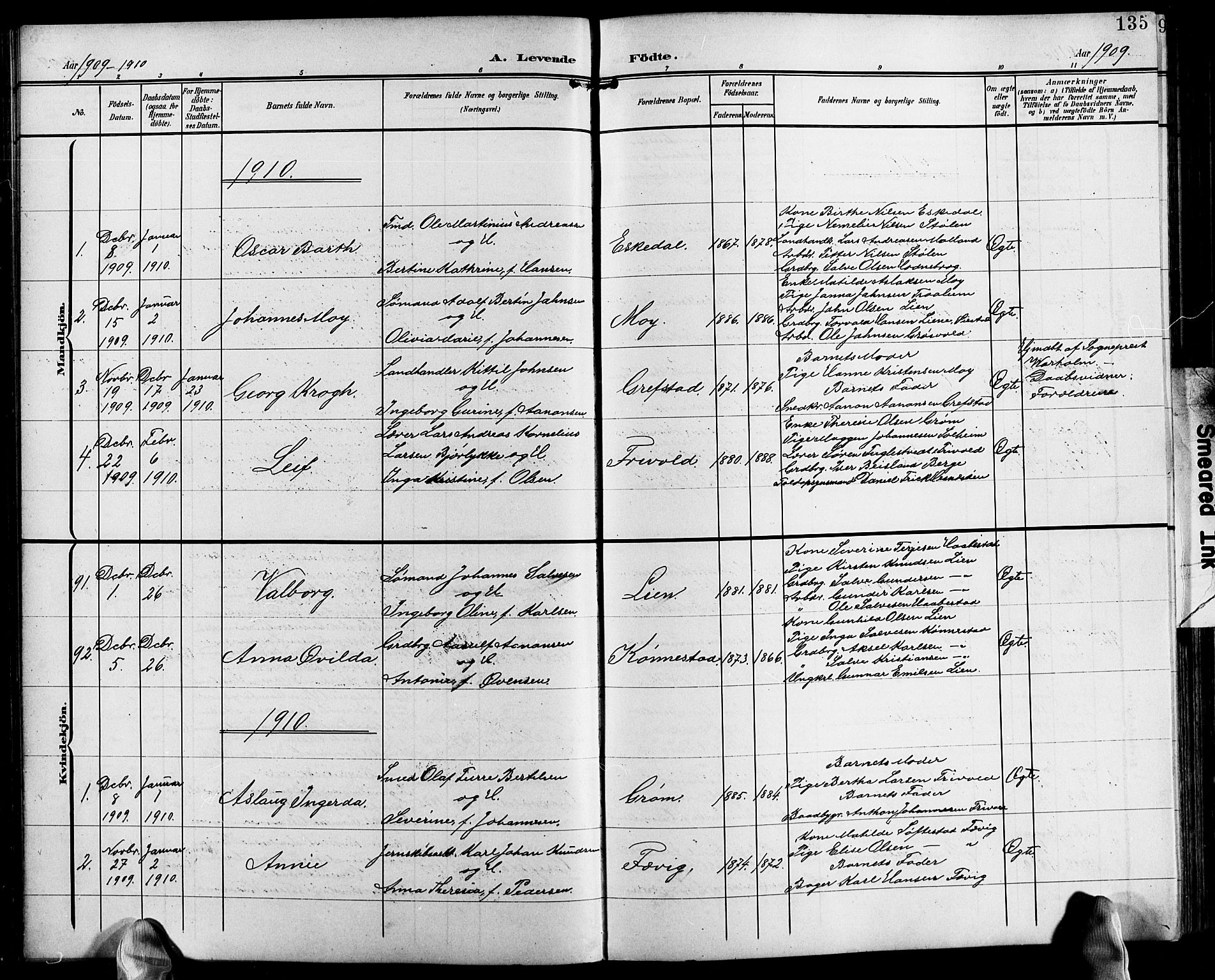 Fjære sokneprestkontor, SAK/1111-0011/F/Fb/L0012: Parish register (copy) no. B 12, 1902-1925, p. 135