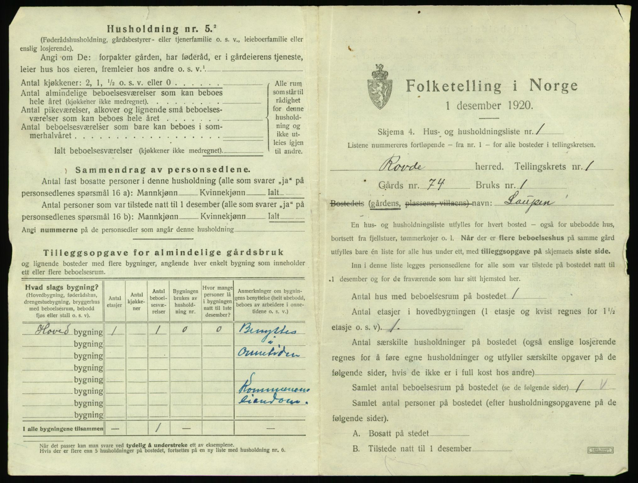 SAT, 1920 census for Rovde, 1920, p. 21