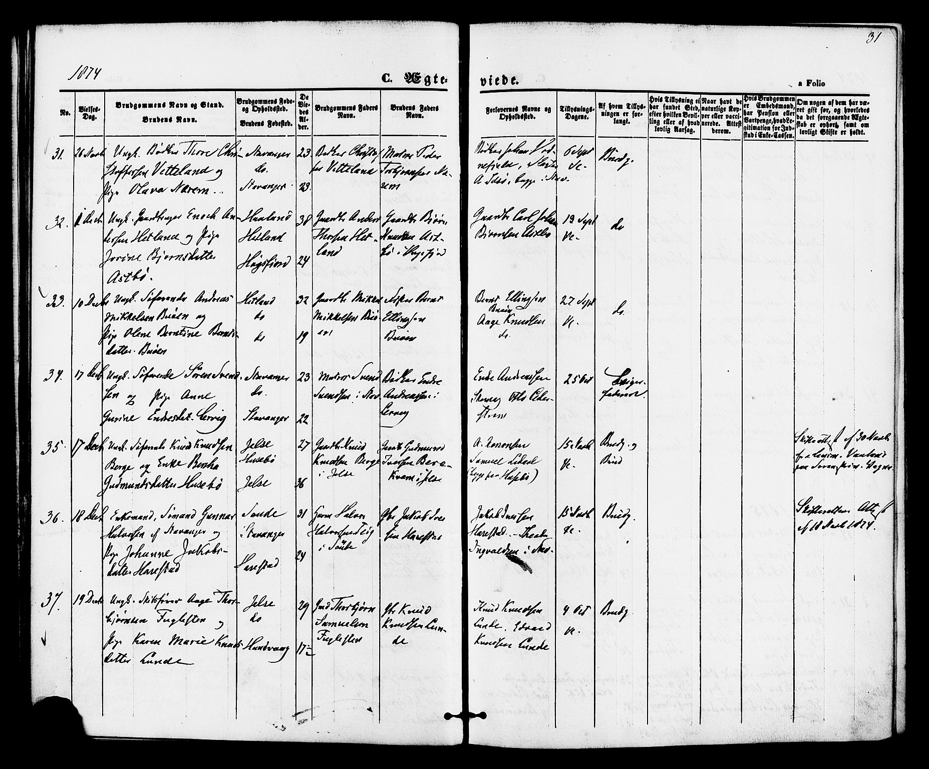 Hetland sokneprestkontor, AV/SAST-A-101826/30/30BA/L0005: Parish register (official) no. A 5, 1869-1884, p. 31