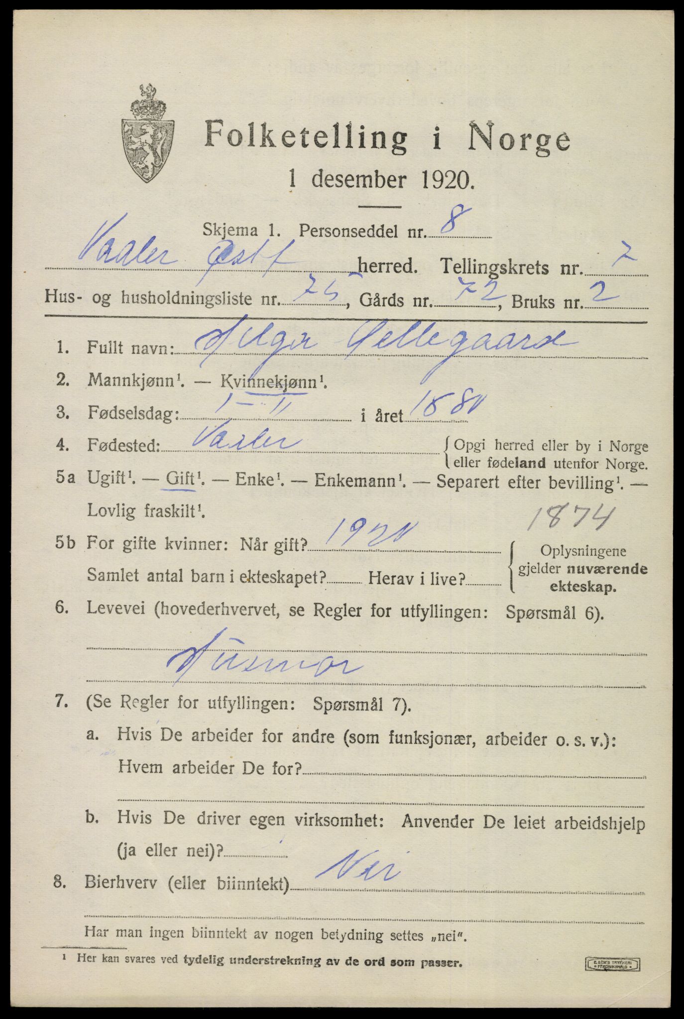 SAO, 1920 census for Våler, 1920, p. 4272