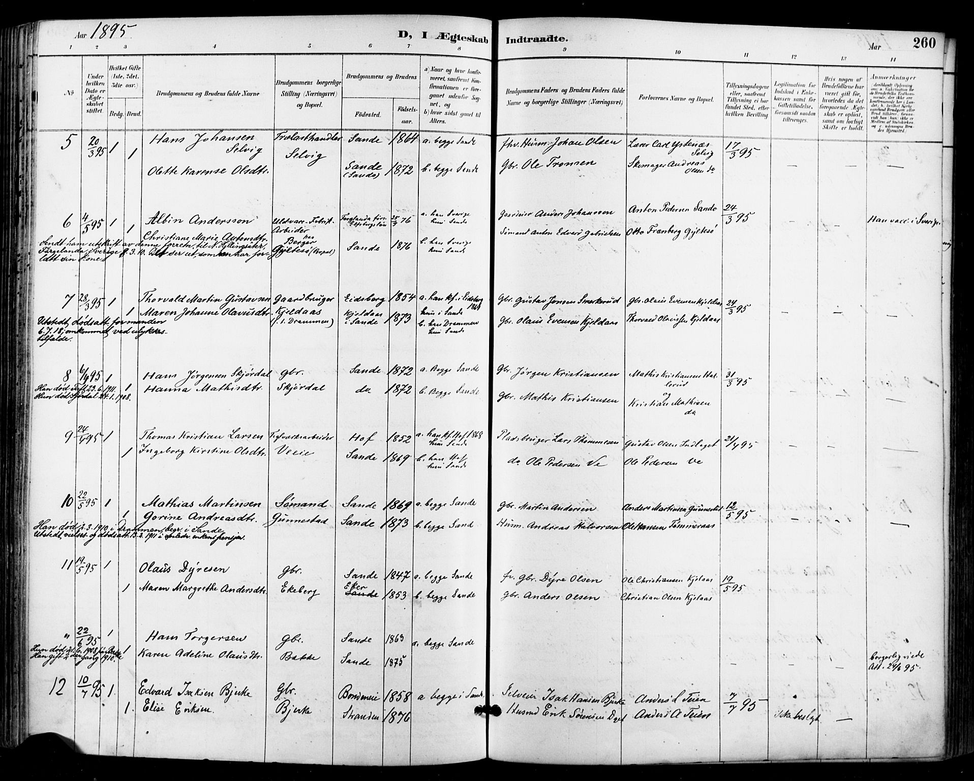 Sande Kirkebøker, AV/SAKO-A-53/F/Fa/L0007: Parish register (official) no. 7, 1888-1903, p. 260