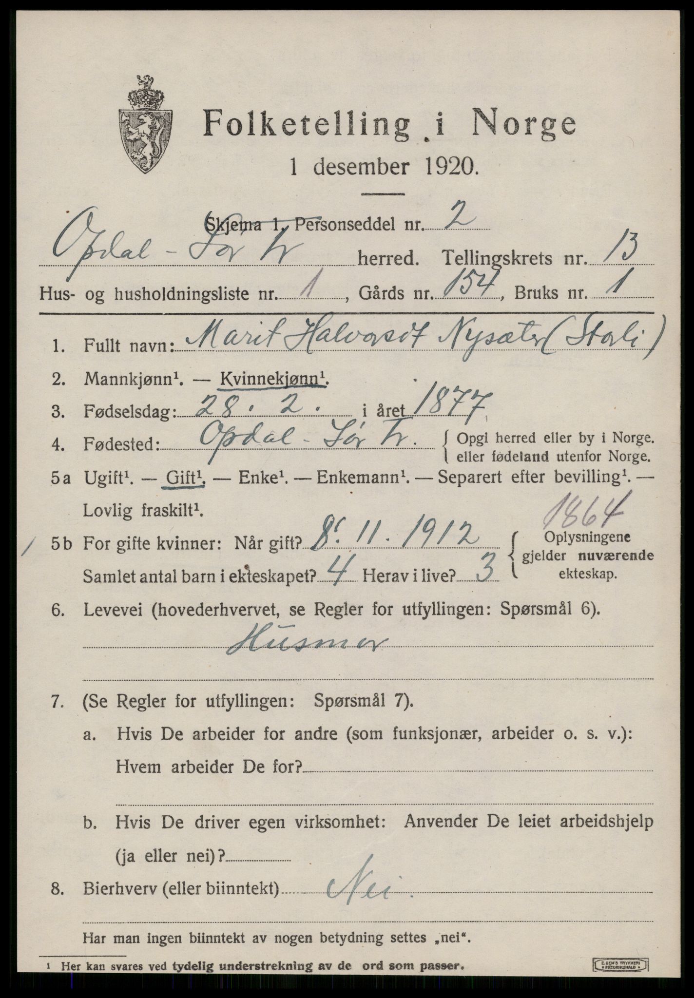 SAT, 1920 census for Oppdal, 1920, p. 10357