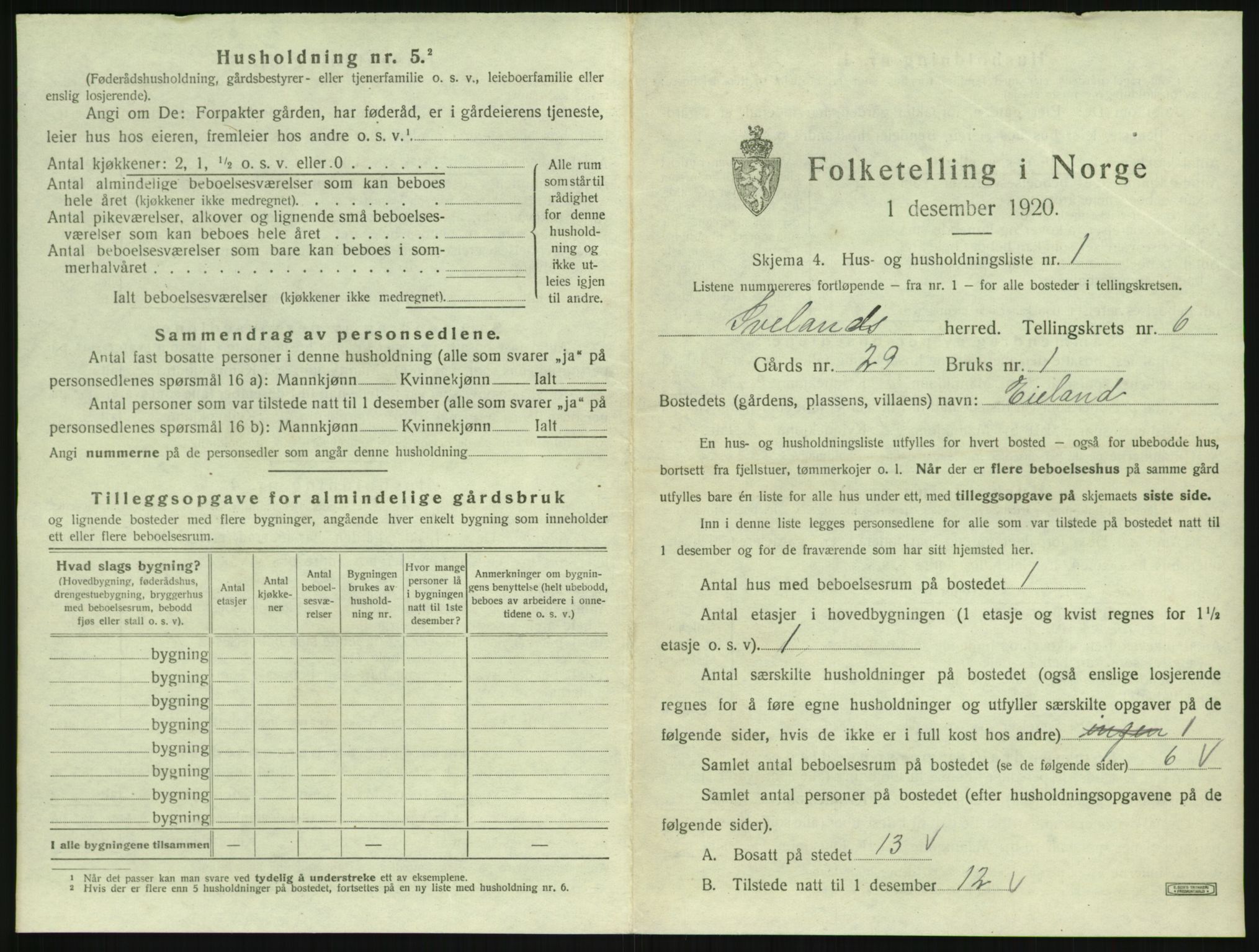 SAK, 1920 census for Iveland, 1920, p. 303