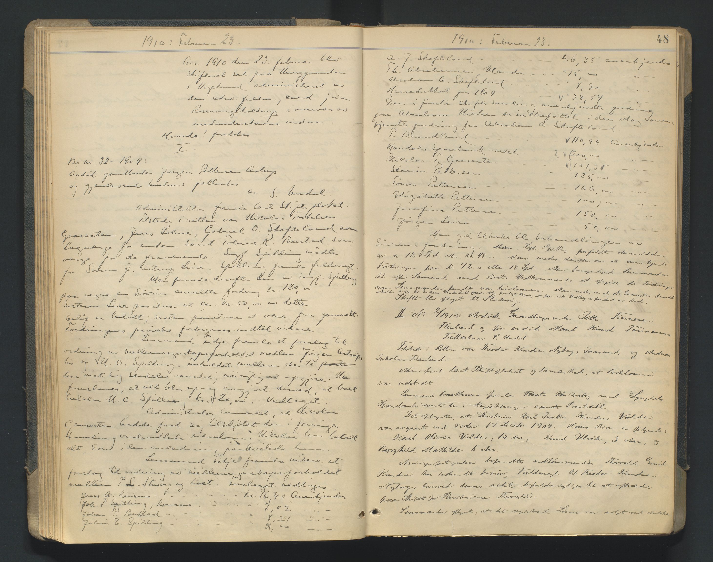 Mandal sorenskriveri, AV/SAK-1221-0005/001/H/Hc/L0081: Skifteforhandlingsprotokoll nr 13, 1909-1913, p. 48