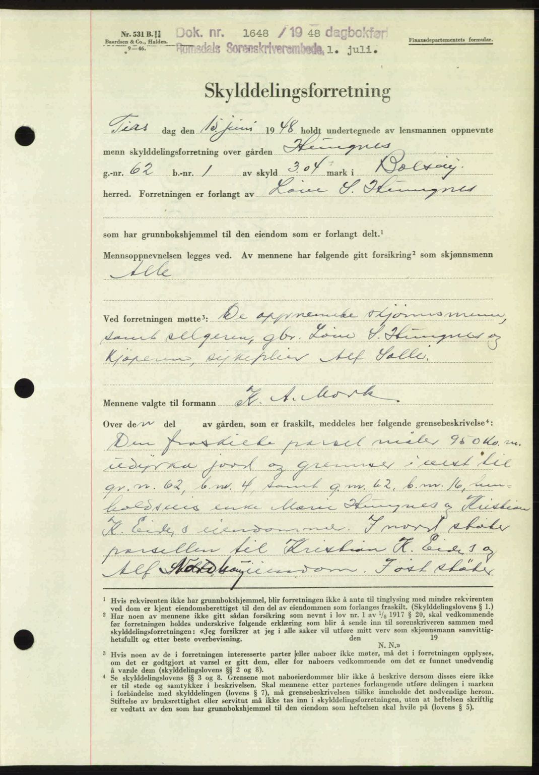 Romsdal sorenskriveri, AV/SAT-A-4149/1/2/2C: Mortgage book no. A26, 1948-1948, Diary no: : 1648/1948