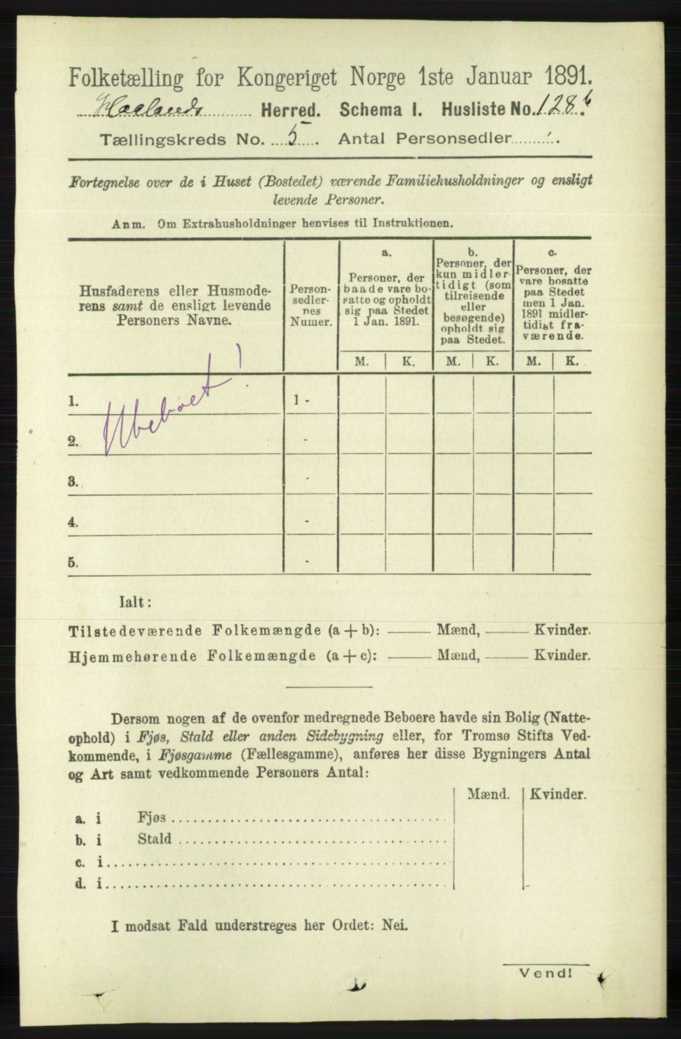 RA, 1891 census for 1124 Haaland, 1891, p. 3294