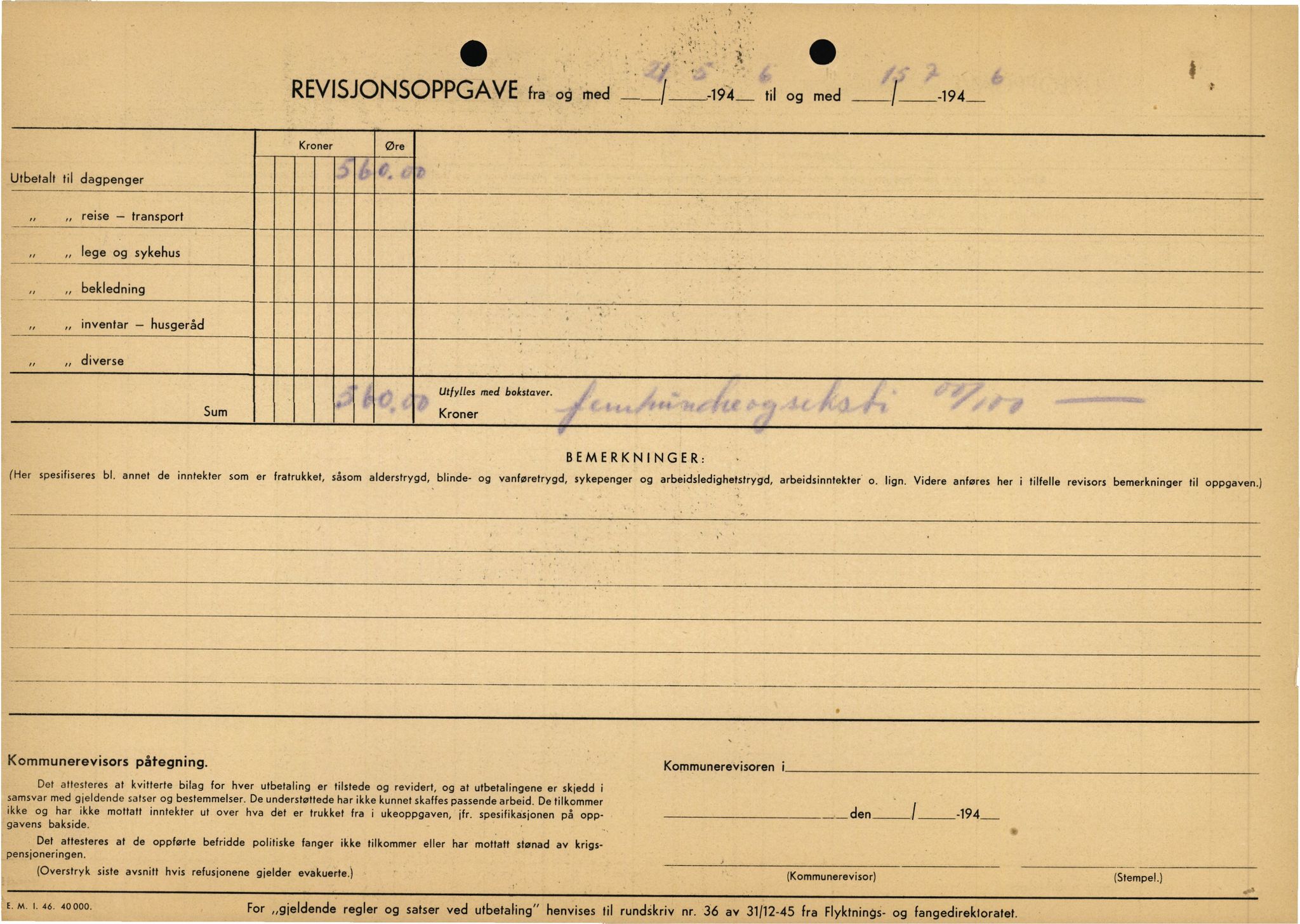 Stord kommune. Formannskapet, IKAH/1221-021/E/Ea/L0003/0007: Emneordna korrespondanse / Stønad til evakuerte , 1945-1946, p. 74