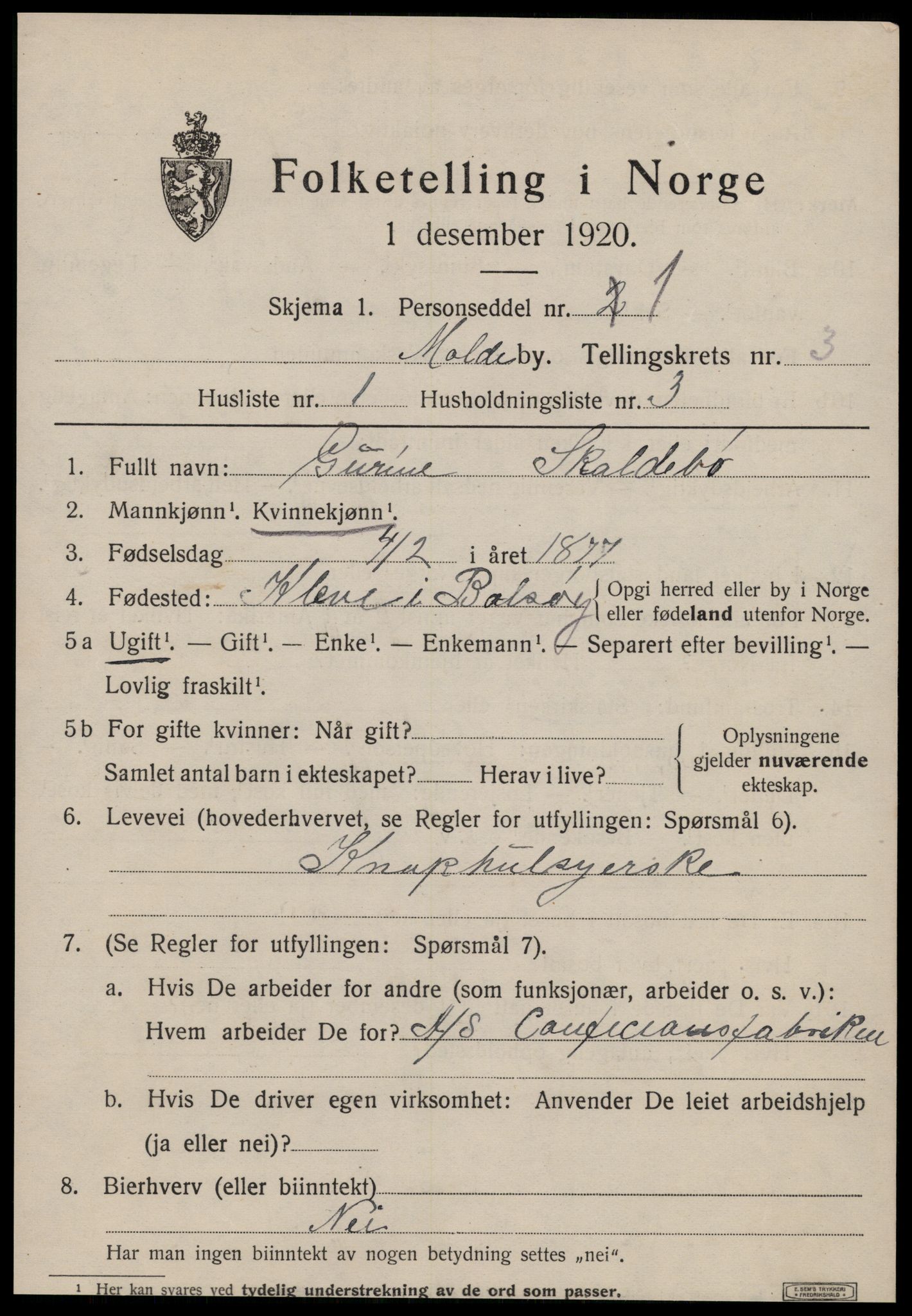 SAT, 1920 census for Molde, 1920, p. 3873