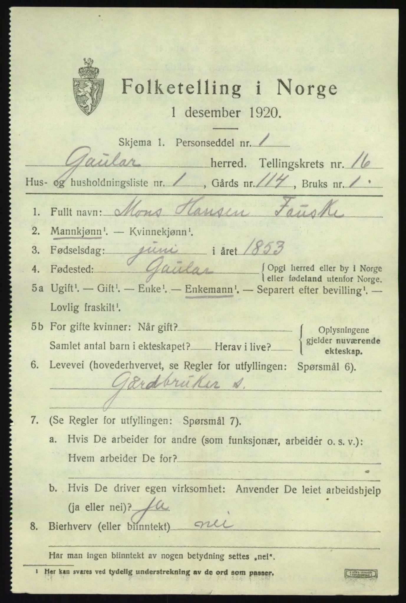 SAB, 1920 census for Gaular, 1920, p. 6898