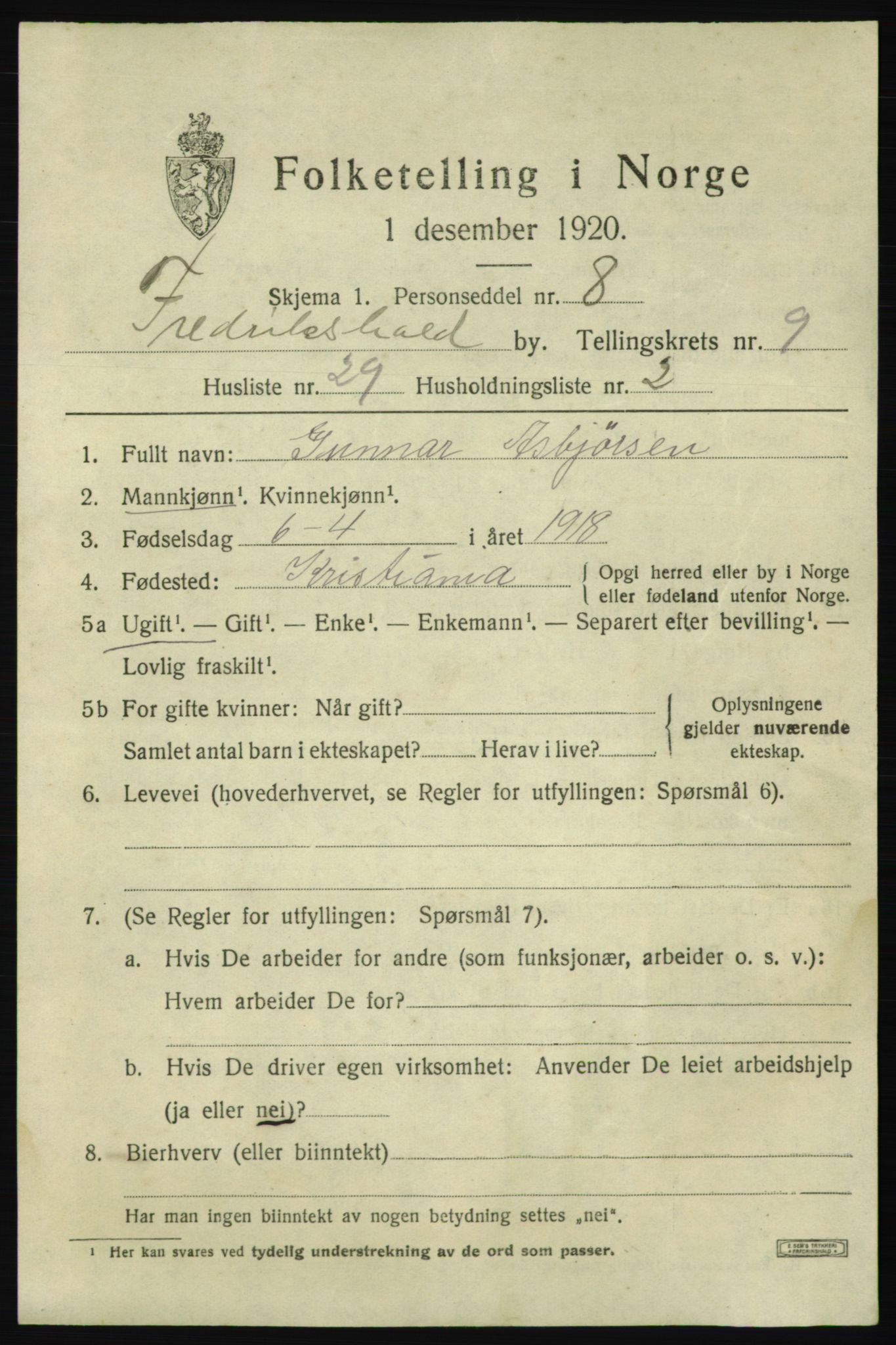 SAO, 1920 census for Fredrikshald, 1920, p. 16493