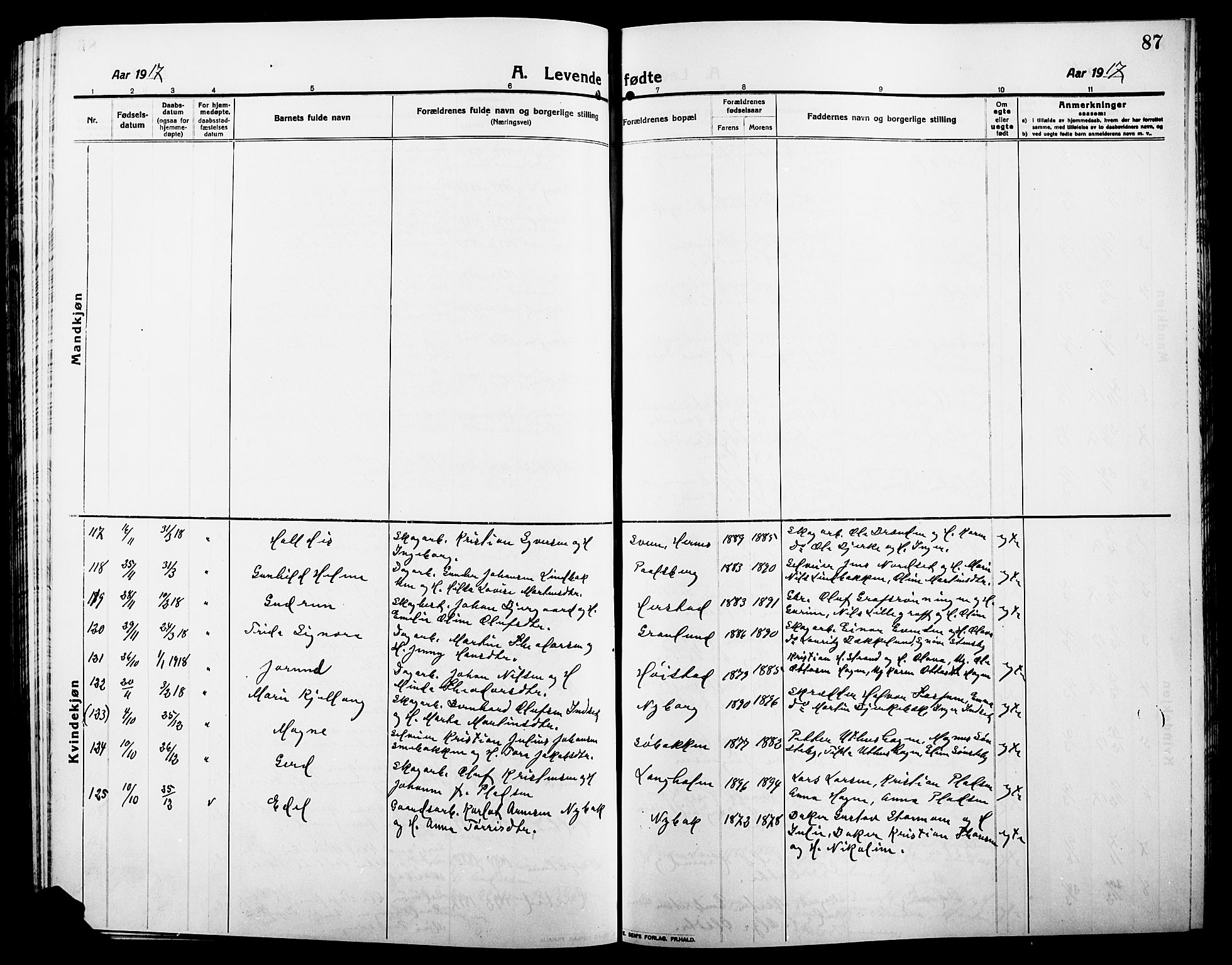 Elverum prestekontor, AV/SAH-PREST-044/H/Ha/Hab/L0010: Parish register (copy) no. 10, 1912-1922, p. 87