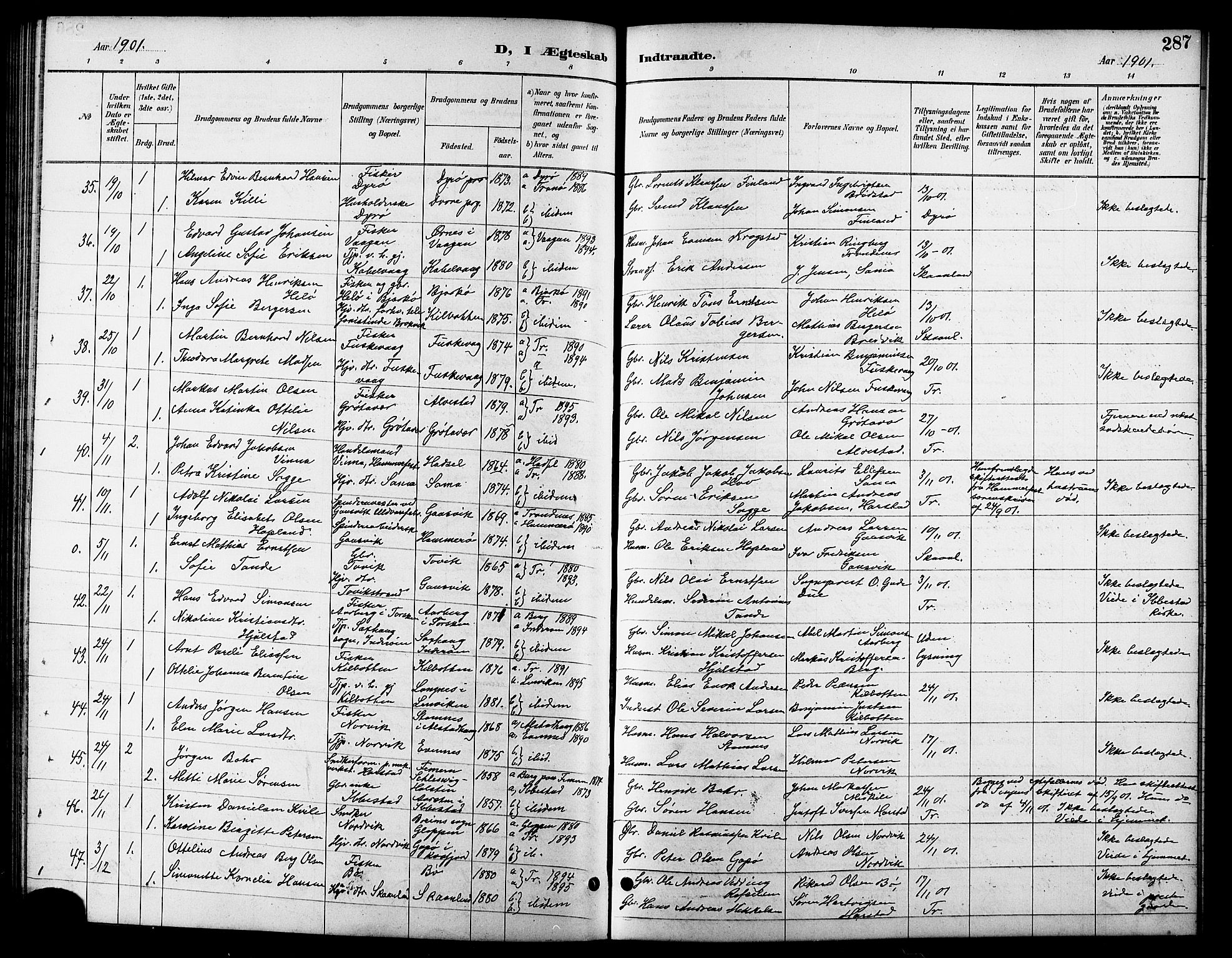 Trondenes sokneprestkontor, AV/SATØ-S-1319/H/Hb/L0011klokker: Parish register (copy) no. 11, 1891-1906, p. 287