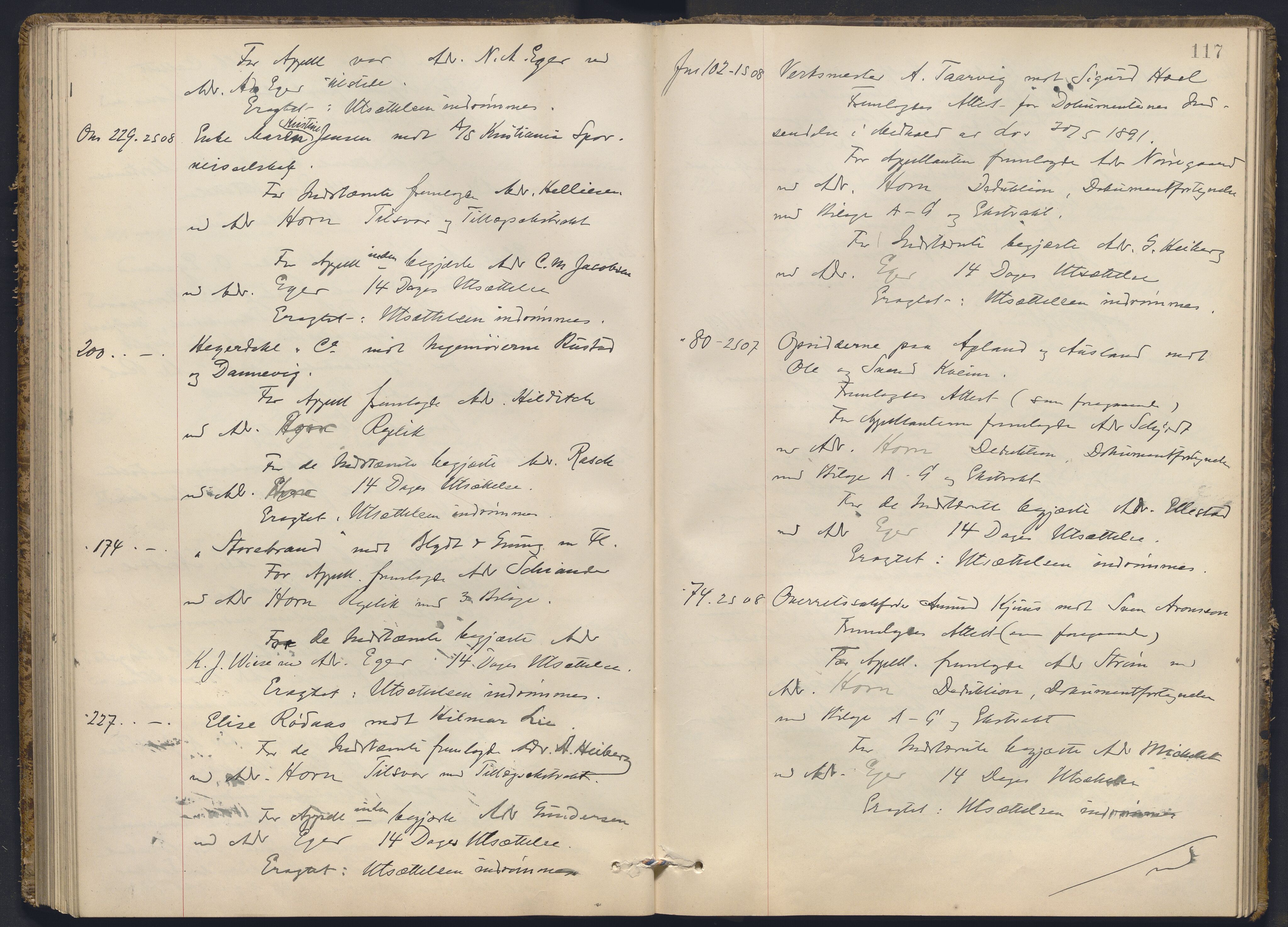 Høyesterett, AV/RA-S-1002/E/Ef/L0022: Protokoll over saker som gikk til skriftlig behandling, 1907-1910, p. 116b-117a