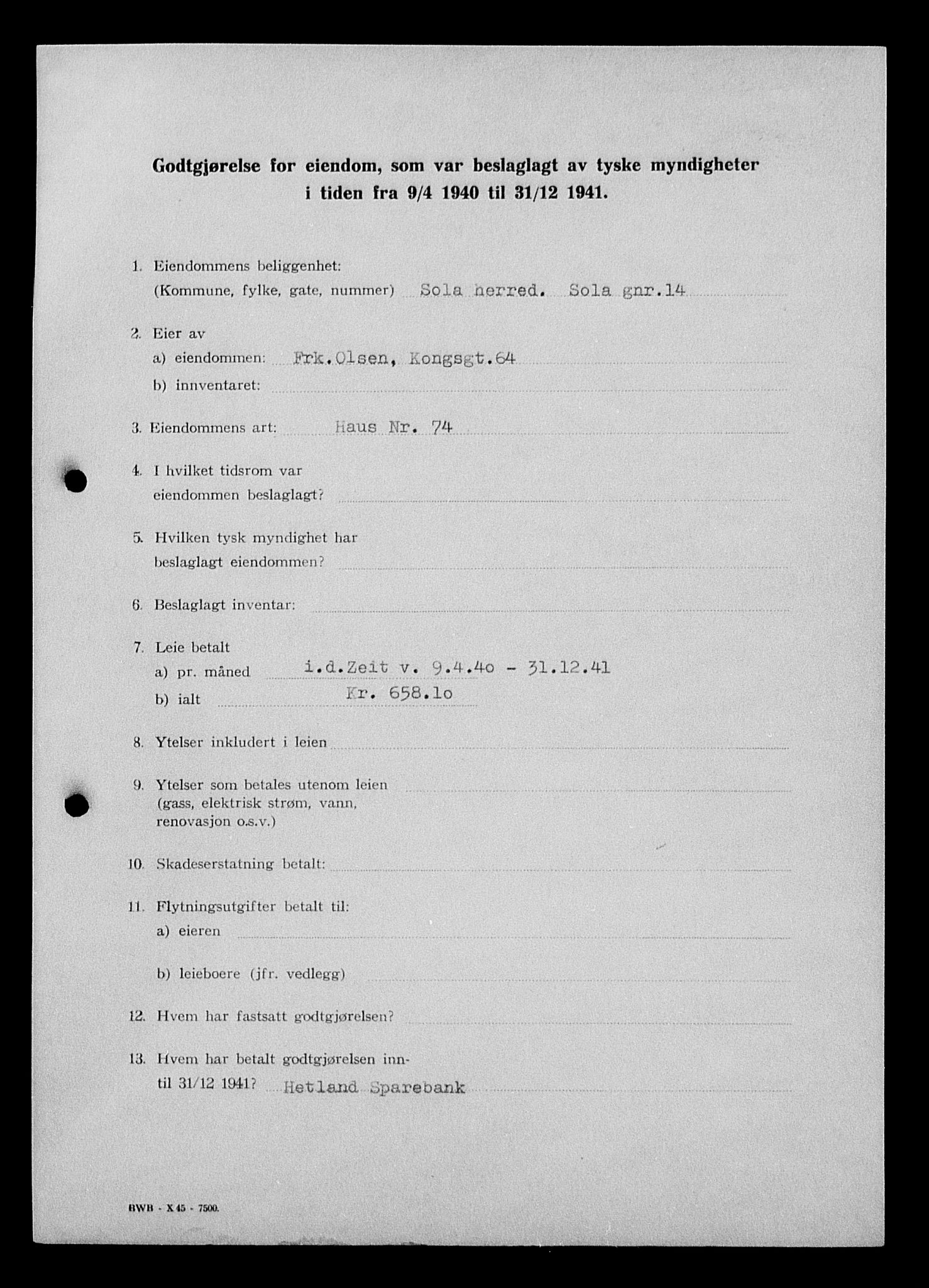 Justisdepartementet, Tilbakeføringskontoret for inndratte formuer, AV/RA-S-1564/I/L1015: Godtgjørelse for beslaglagt eiendom, 1940-1941, p. 46