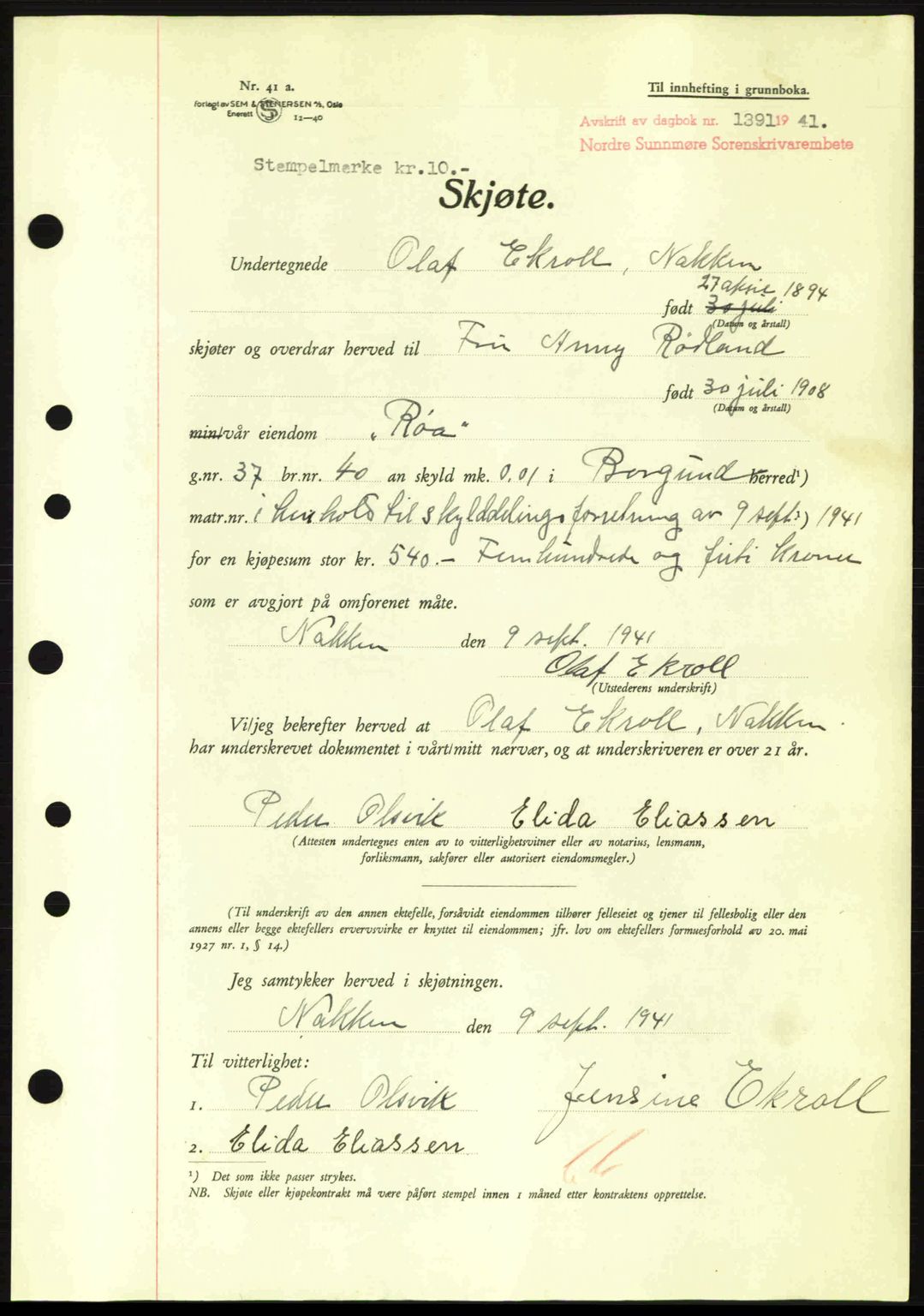 Nordre Sunnmøre sorenskriveri, AV/SAT-A-0006/1/2/2C/2Ca: Mortgage book no. A11, 1941-1941, Diary no: : 1391/1941