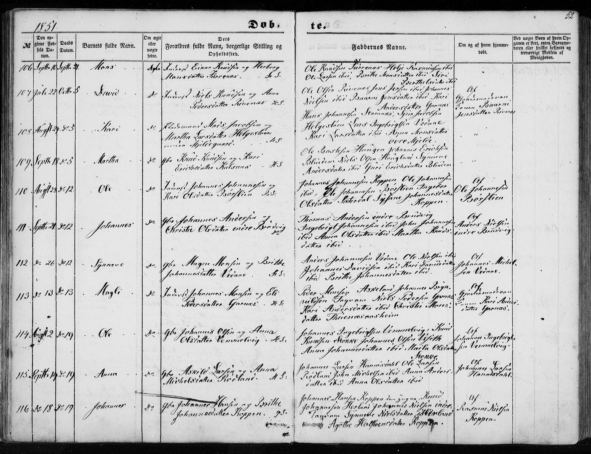 Haus sokneprestembete, SAB/A-75601/H/Haa: Parish register (official) no. A 16 I, 1848-1857, p. 52