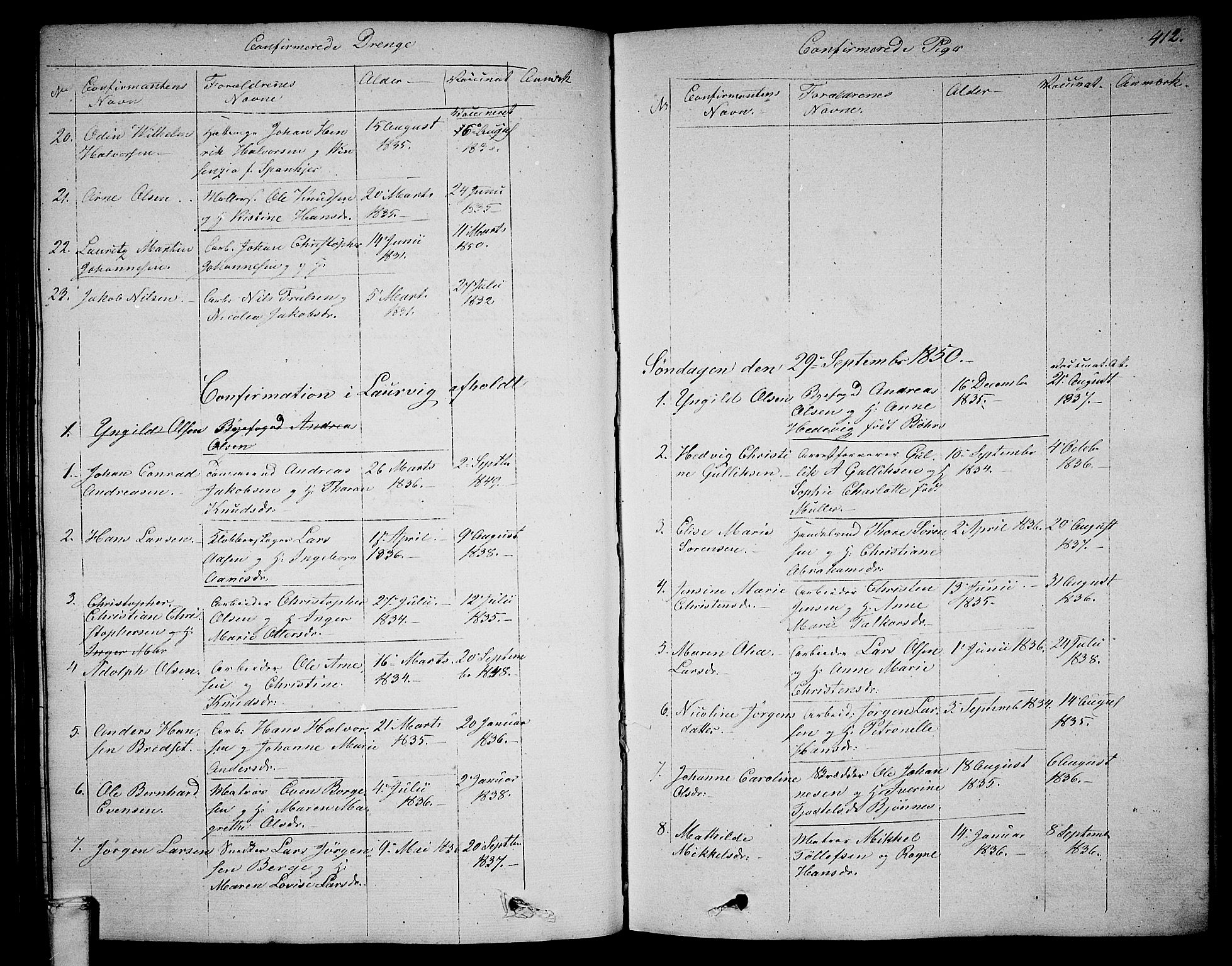 Larvik kirkebøker, AV/SAKO-A-352/G/Ga/L0003b: Parish register (copy) no. I 3B, 1830-1870, p. 412