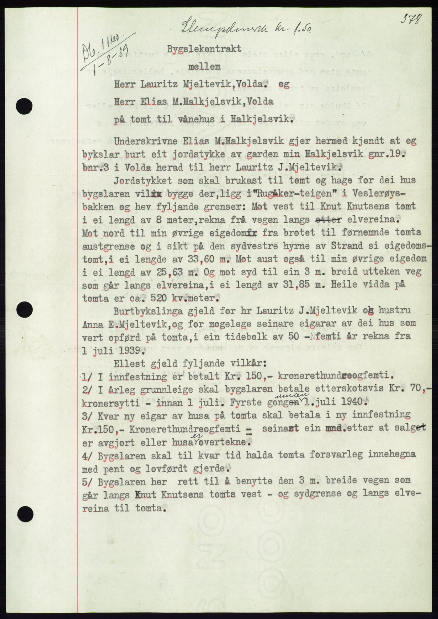 Søre Sunnmøre sorenskriveri, AV/SAT-A-4122/1/2/2C/L0068: Mortgage book no. 62, 1939-1939, Diary no: : 1160/1939