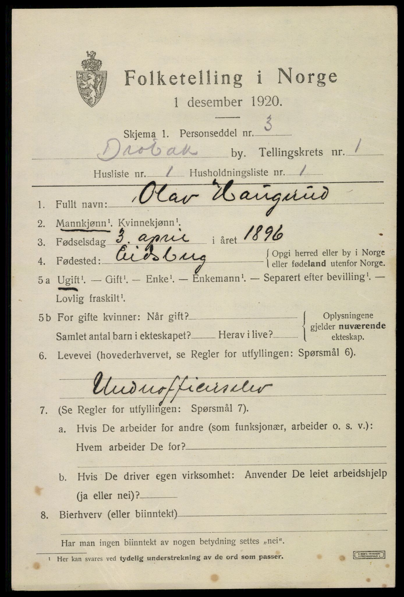 SAO, 1920 census for Drøbak, 1920, p. 1843