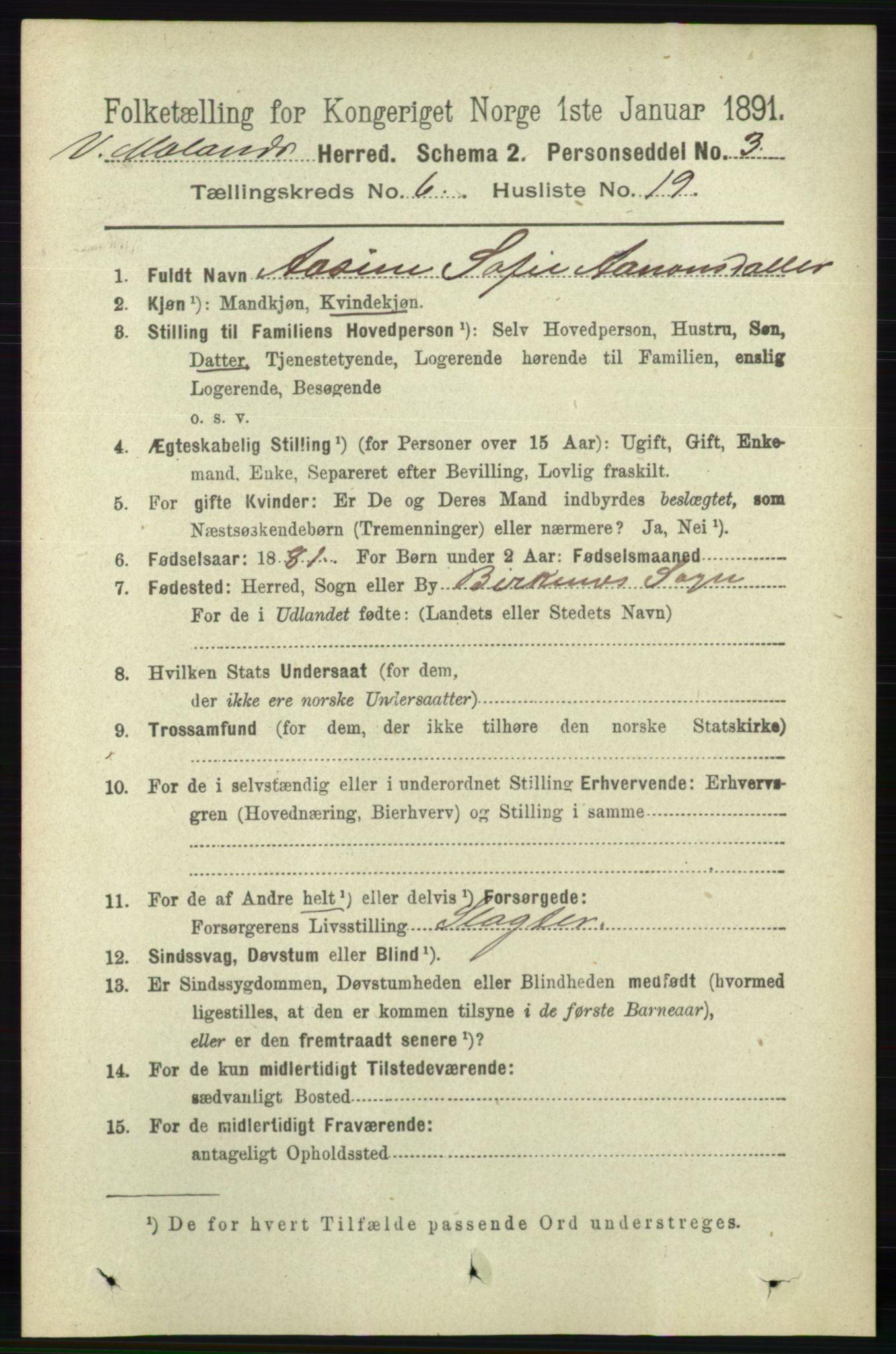 RA, 1891 census for 0926 Vestre Moland, 1891, p. 2434