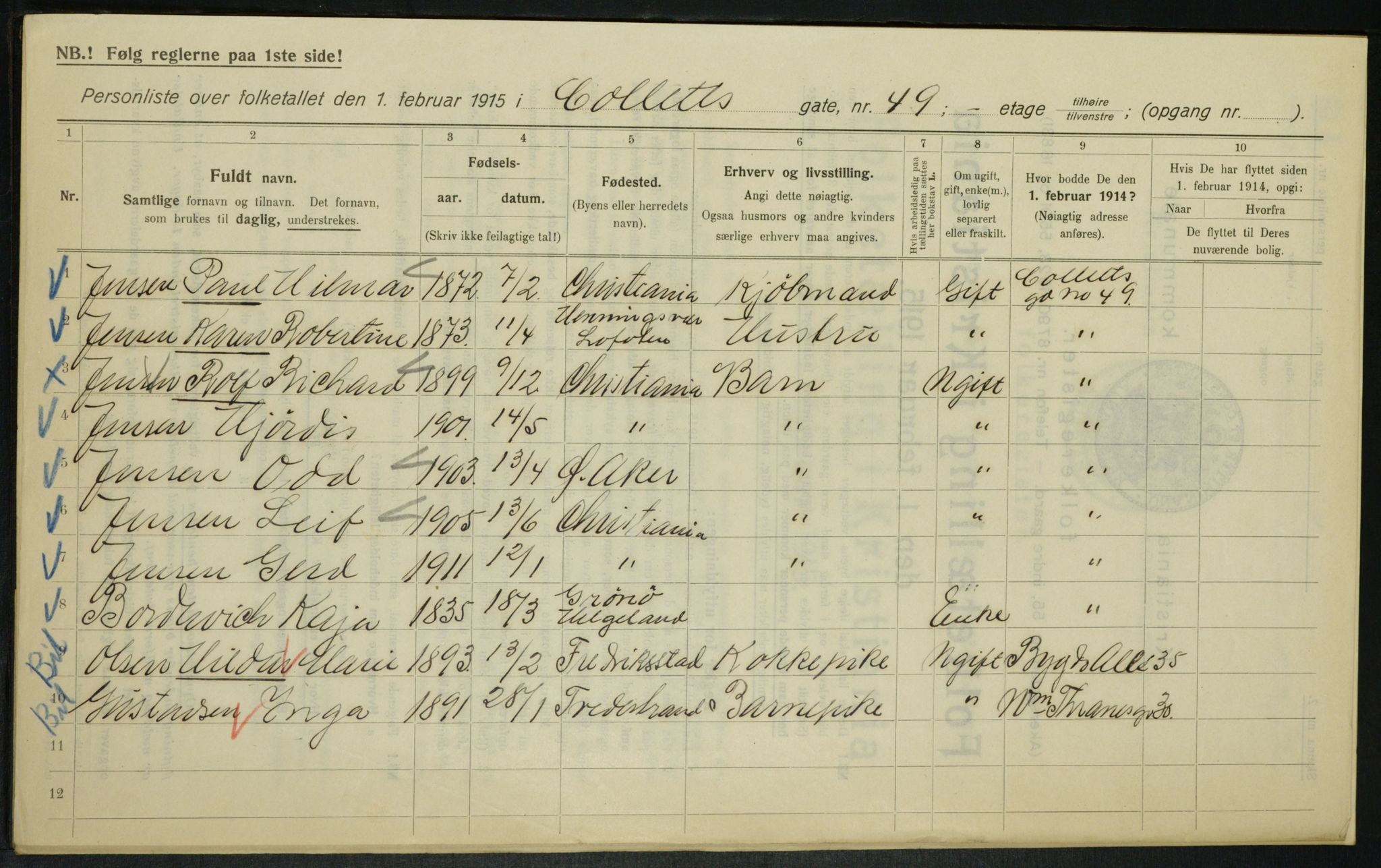 OBA, Municipal Census 1915 for Kristiania, 1915, p. 13276