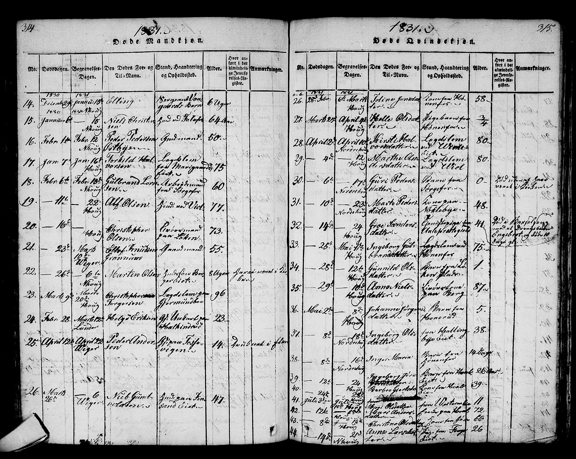 Norderhov kirkebøker, SAKO/A-237/G/Ga/L0002: Parish register (copy) no. I 2, 1814-1867, p. 314-315