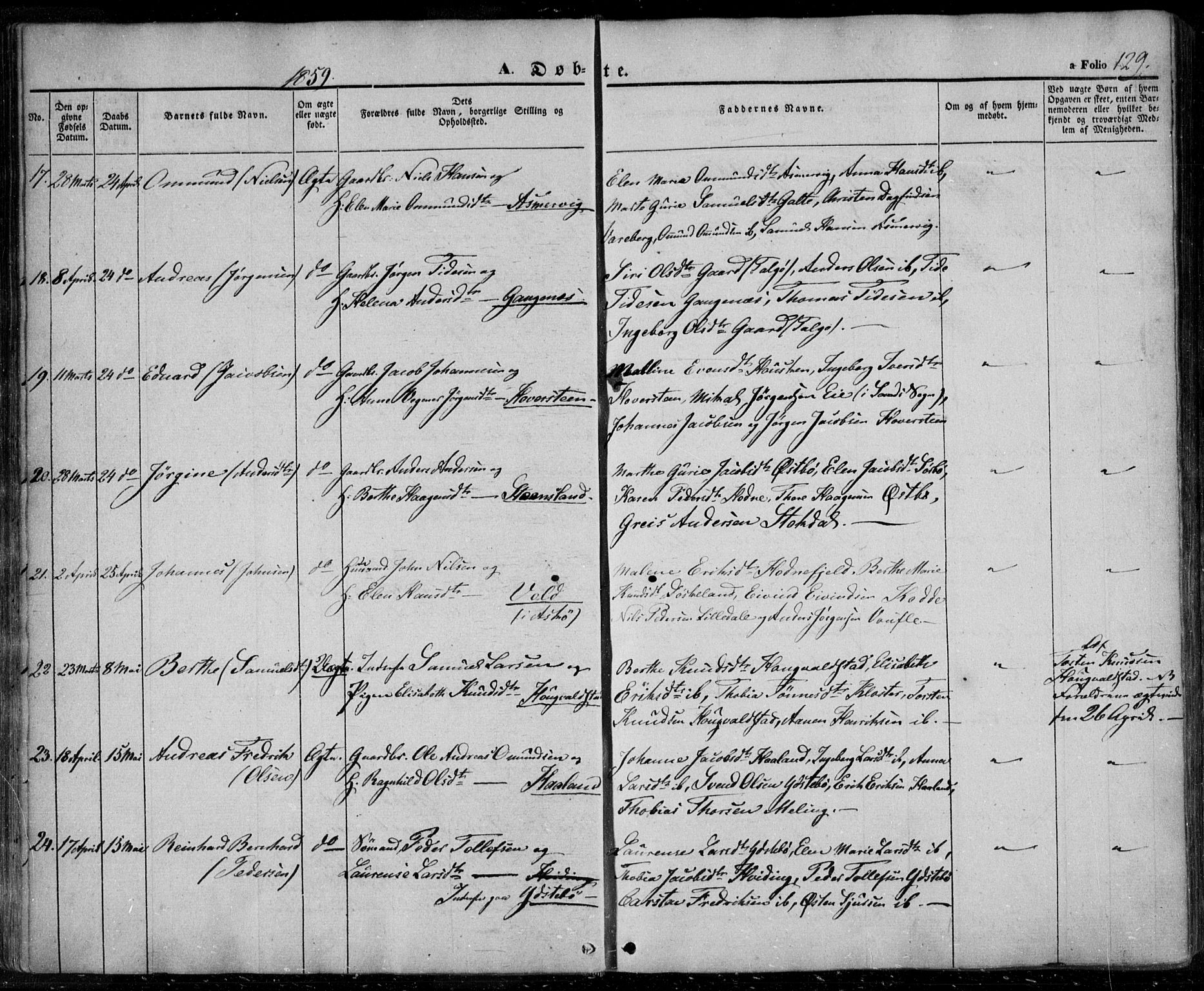 Rennesøy sokneprestkontor, AV/SAST-A -101827/H/Ha/Haa/L0005: Parish register (official) no. A 5, 1838-1859, p. 129