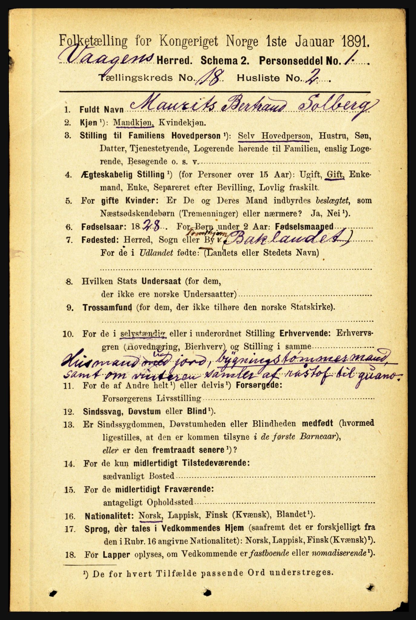 RA, 1891 census for 1865 Vågan, 1891, p. 5125