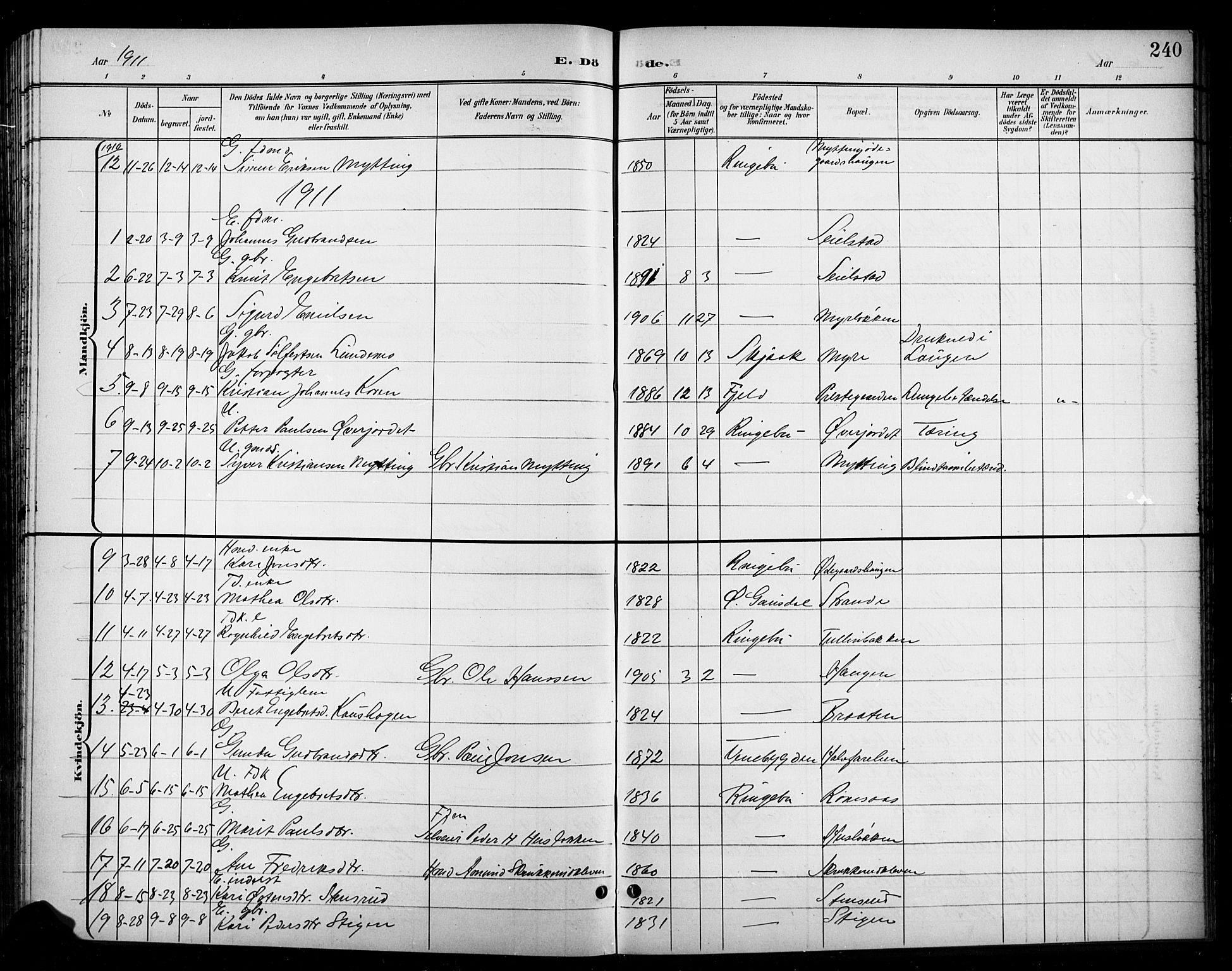 Ringebu prestekontor, SAH/PREST-082/H/Ha/Hab/L0009: Parish register (copy) no. 9, 1899-1921, p. 240