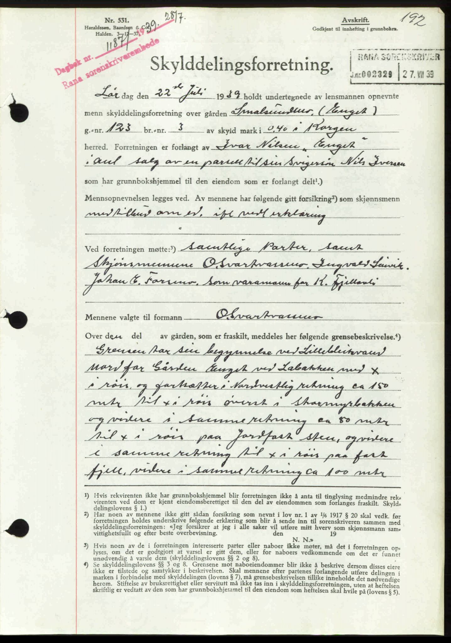 Rana sorenskriveri , SAT/A-1108/1/2/2C: Mortgage book no. A 6, 1939-1940, Diary no: : 1187/1939