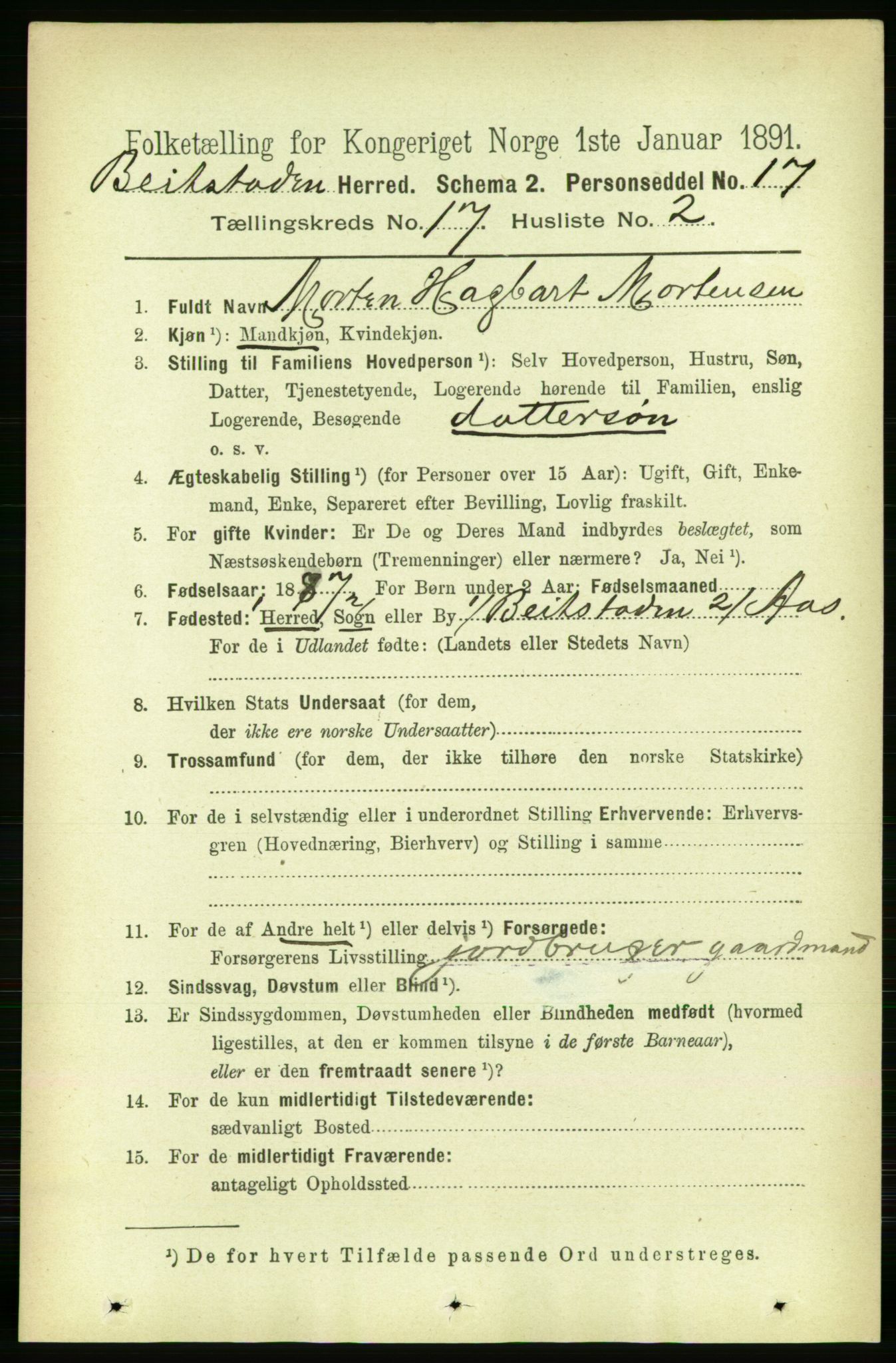 RA, 1891 census for 1727 Beitstad, 1891, p. 4383