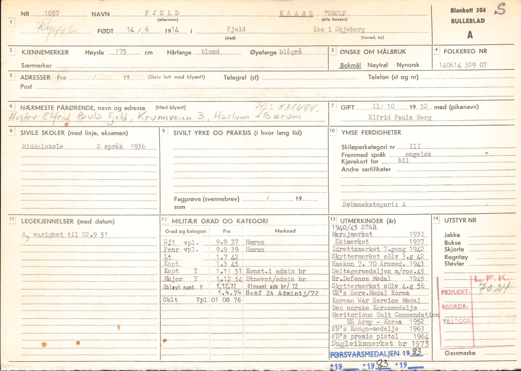 Forsvaret, Rygge hovedflystasjon, AV/RA-RAFA-2298/P/Pd/L0032: Hatledal, Ørnulv - Nilsen, Arne Leonard - f. 1914, 1914, p. 3