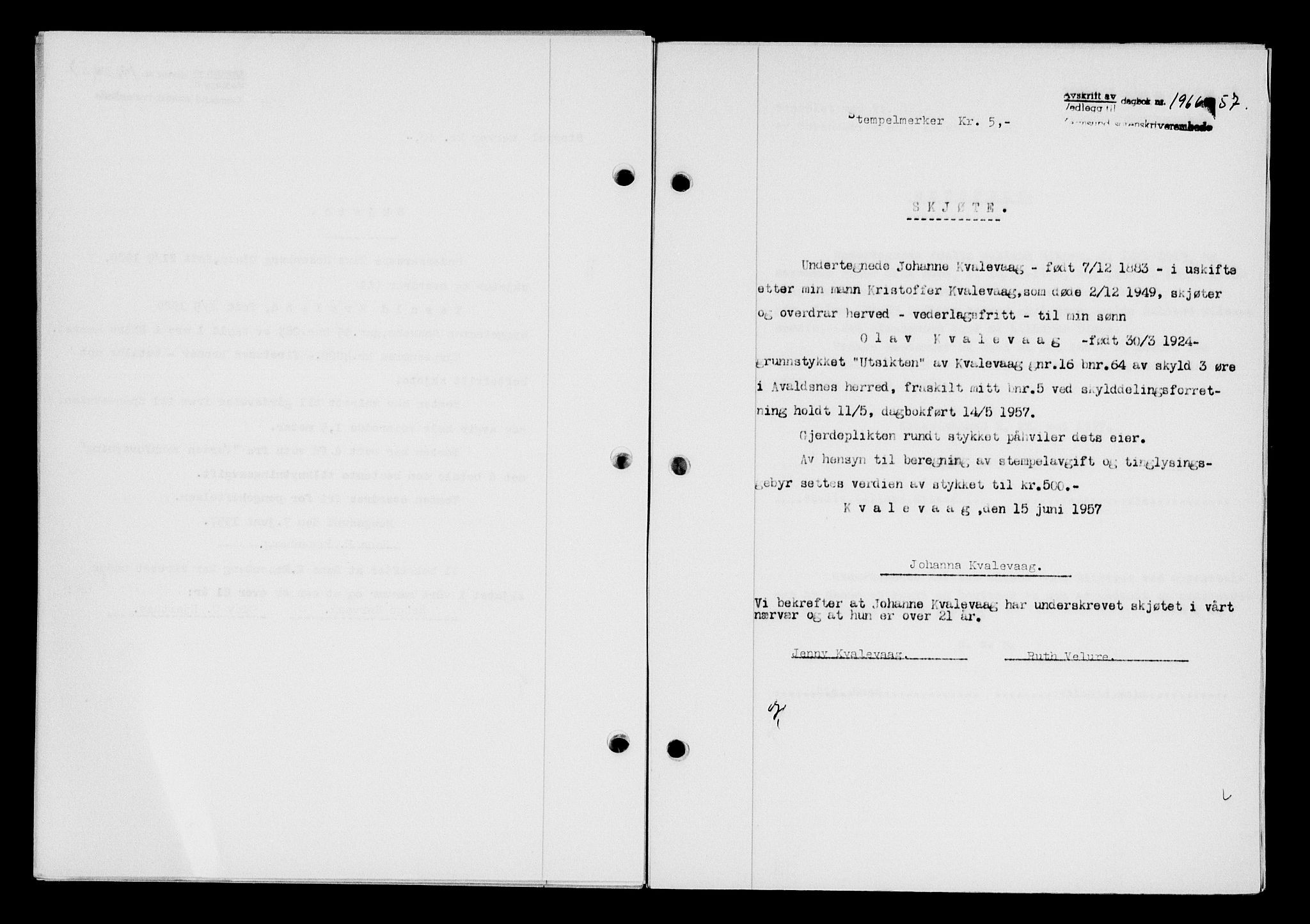 Karmsund sorenskriveri, AV/SAST-A-100311/01/II/IIB/L0125: Mortgage book no. 105A, 1957-1957, Diary no: : 1966/1957